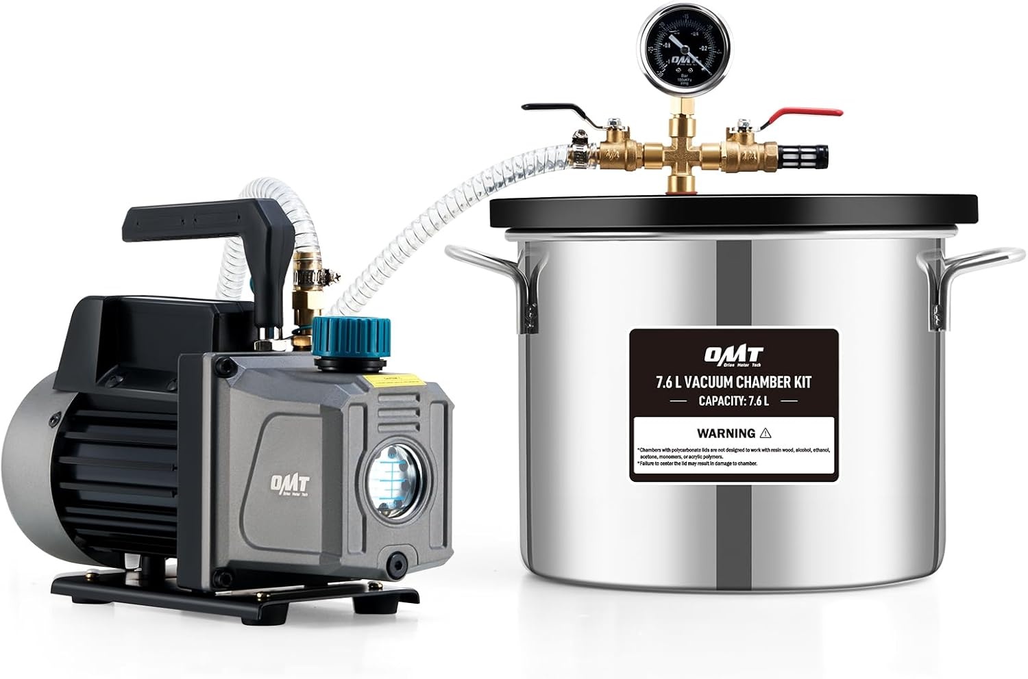 ORION MOTOR TECH 7,6 L Vacuümkamer met Pompkit, 3,5 cfm Vacuümpomp en Kamerkit met Gehard Glazen Deksel, Vacuümontgassingskamerkit voor het Stabiliseren van Houtontgassingssiliconenhars