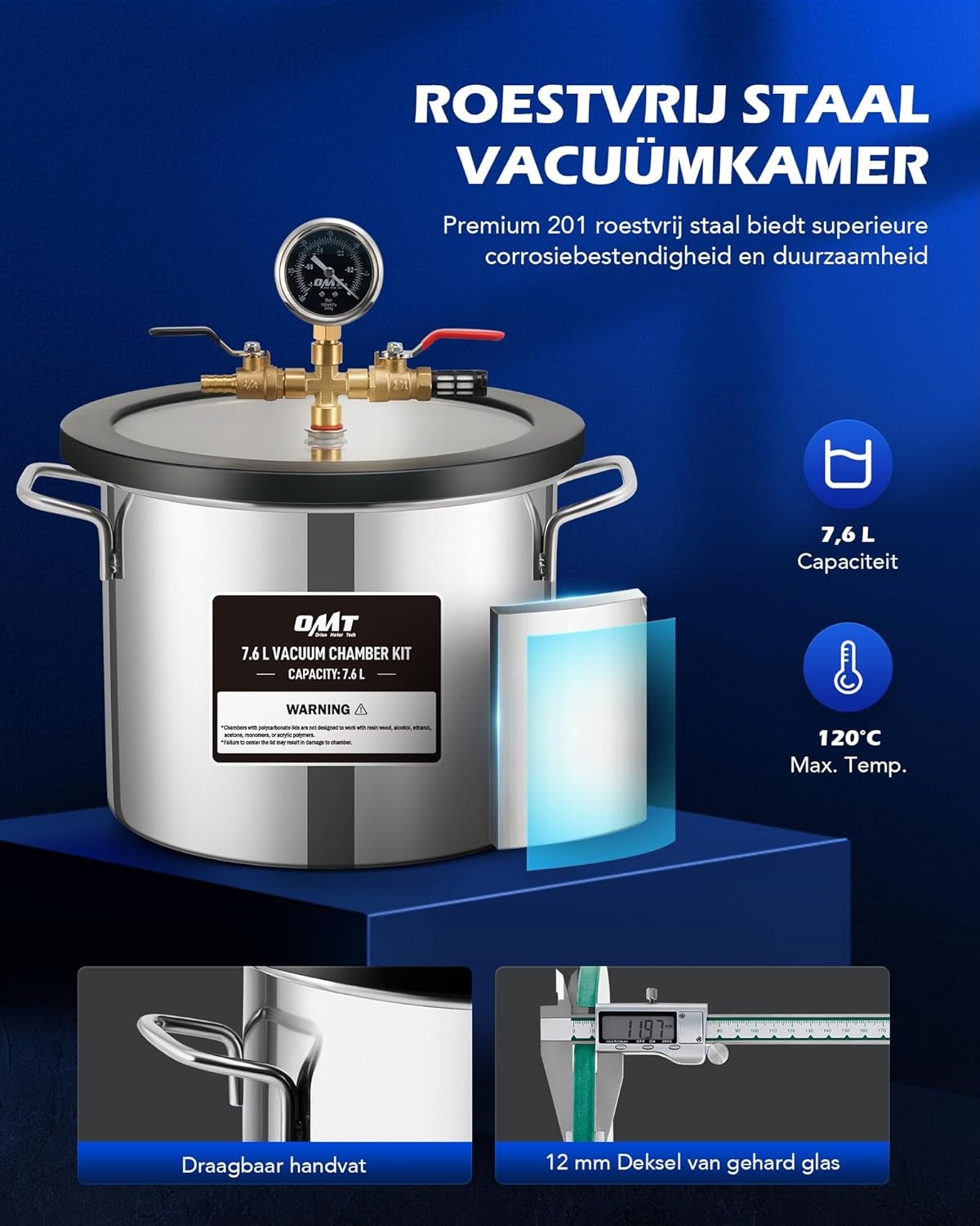 ORION MOTOR TECH 7,6 L Vacuümkamer met Pompkit, 3,5 cfm Vacuümpomp en Kamerkit met Gehard Glazen Deksel, Vacuümontgassingskamerkit voor het Stabiliseren van Houtontgassingssiliconenhars