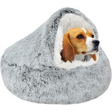 SUOXU Kalmerend hondenbed, donut knuffelnest, warm, zacht pluche hondenkussen met gezellige spons antislip bodem voor kleine middelgrote honden snooze slapen binnen (65 cm-grijs)