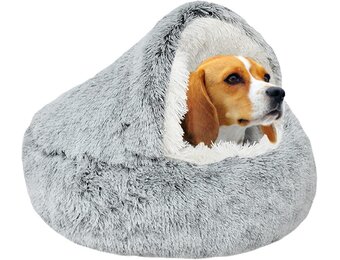 SUOXU Kalmerend hondenbed, donut knuffelnest, warm, zacht pluche hondenkussen met gezellige spons antislip bodem voor kleine middelgrote honden snooze slapen binnen (65 cm-grijs)