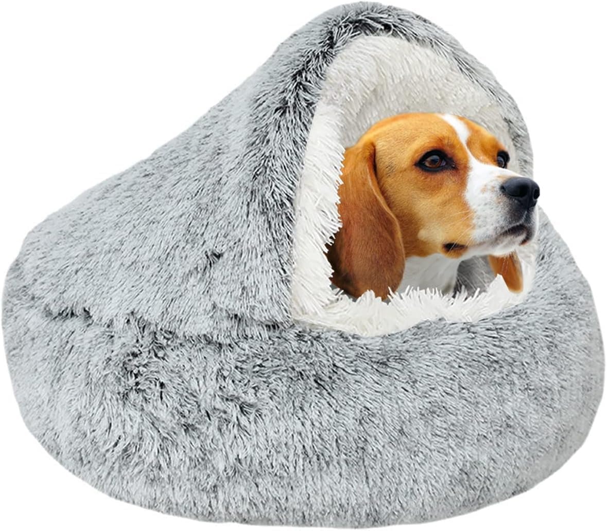 SUOXU Kalmerend hondenbed, donut knuffelnest, warm, zacht pluche hondenkussen met gezellige spons antislip bodem voor kleine middelgrote honden snooze slapen binnen (65 cm-grijs)