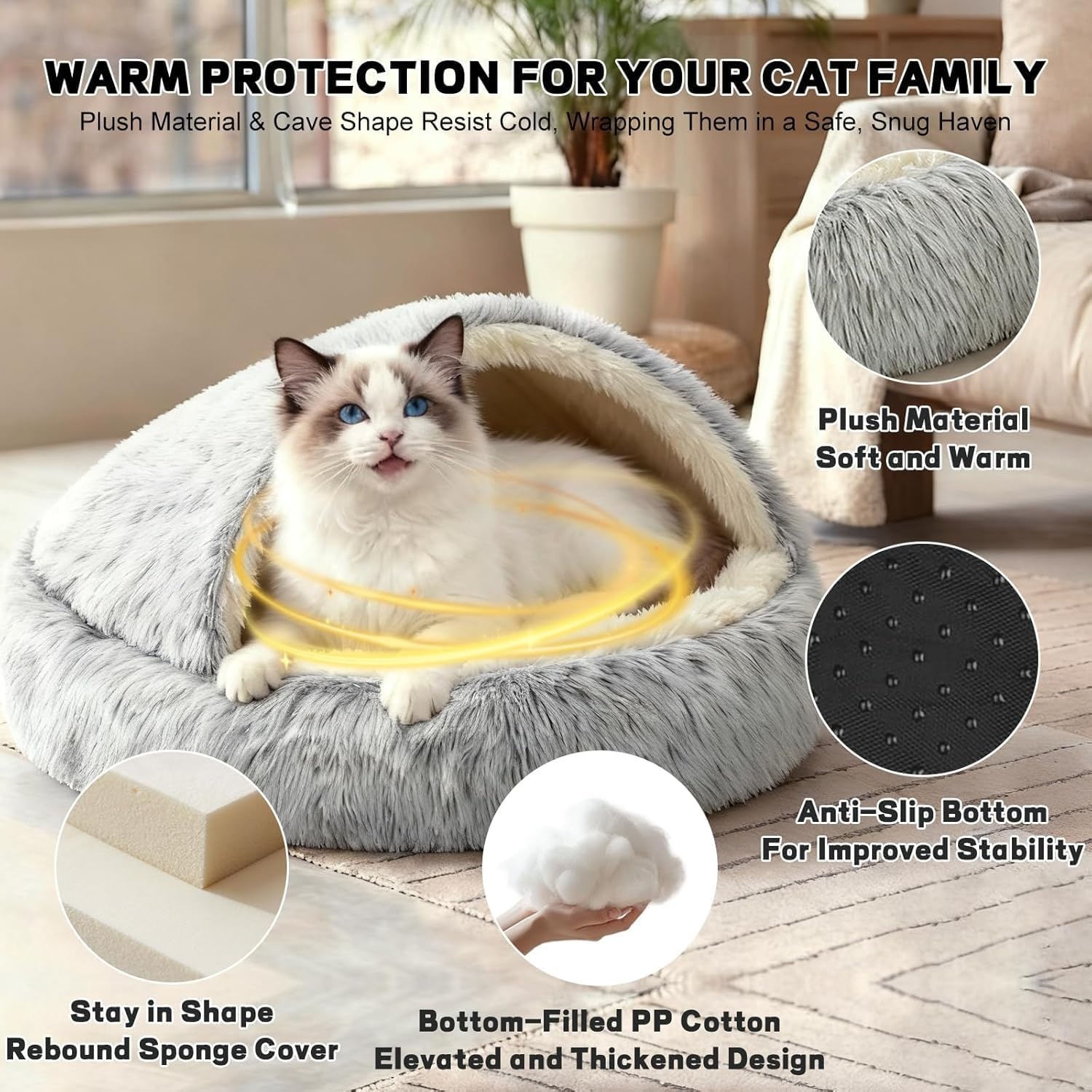 SUOXU Kalmerend hondenbed, donut knuffelnest, warm, zacht pluche hondenkussen met gezellige spons antislip bodem voor kleine middelgrote honden snooze slapen binnen (65 cm-grijs)