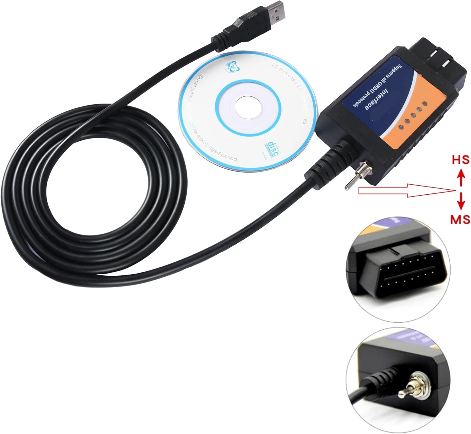 for-Scan ELM 327 MS HS OBD2 USB Elmconfig OBD-adapter met MS-CAN/HS-CAN schakelaar,