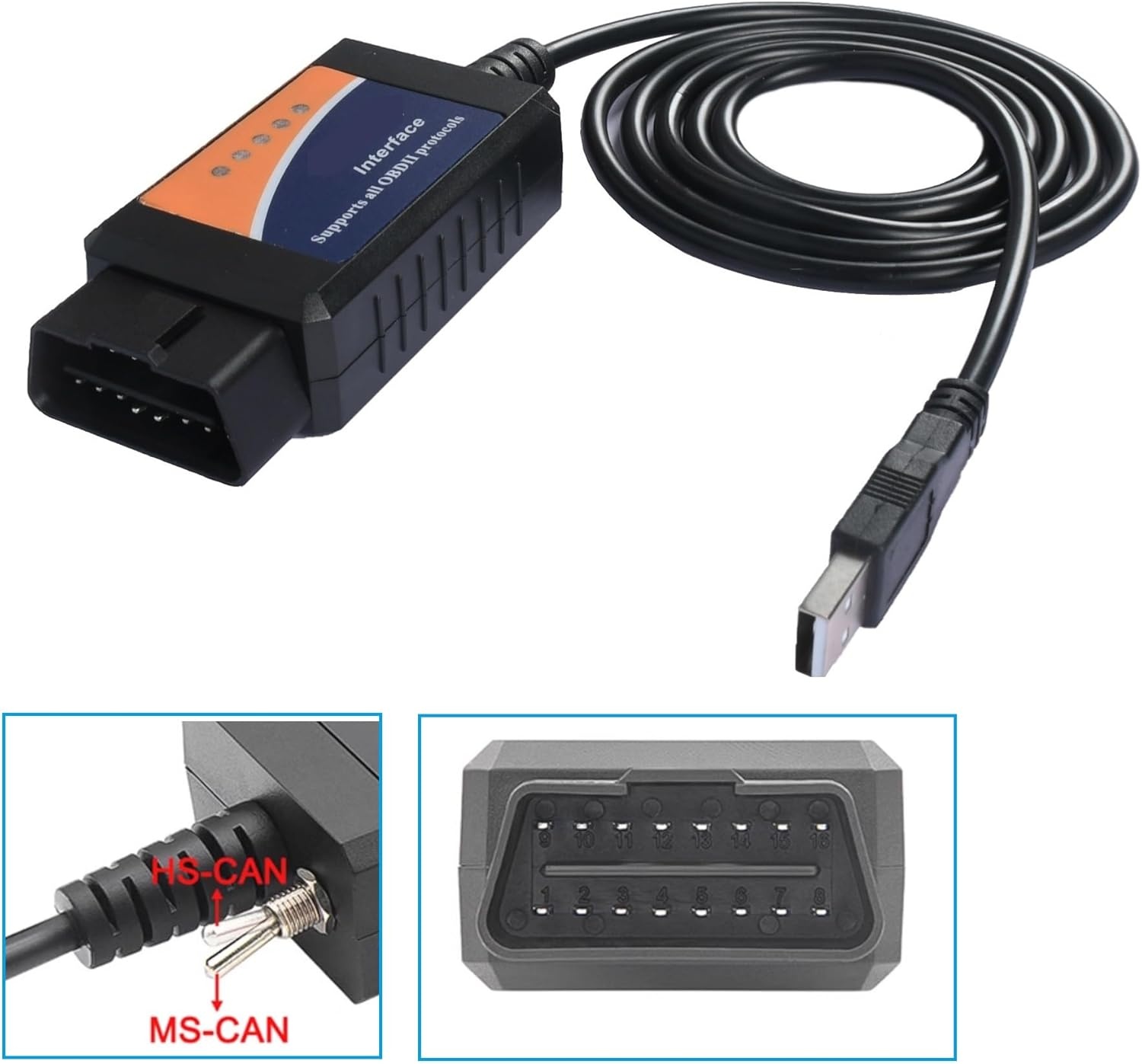 for-Scan ELM 327 MS HS OBD2 USB Elmconfig OBD-adapter met MS-CAN/HS-CAN schakelaar,