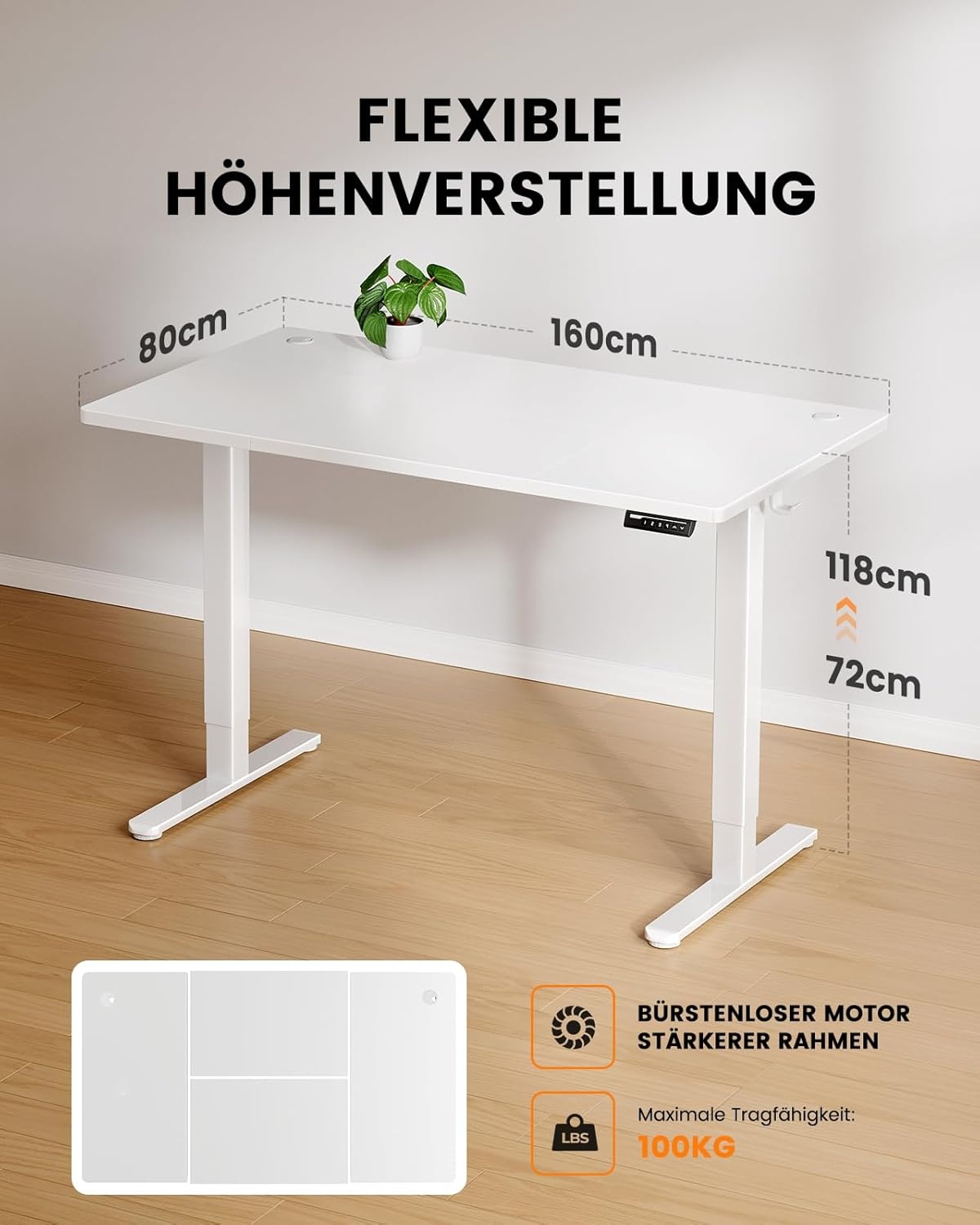 ErGear Elektrisch Zit-Sta Bureau - 160 x 80 cm - 100 kg Draagvermogen Hoogte Verstelbaar Bureau met Geavanceerde Borstelloze Motor, Stille Werking, Robuust Metalen Frame