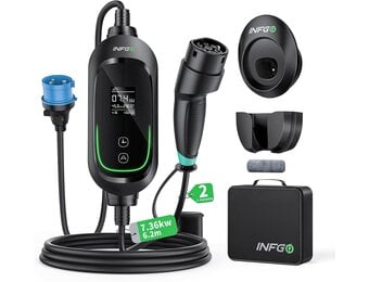 Mobile Wallbox 7,36kW [1-fase, 6,2m, 6-32A], EV-lader met instelbaar laadvermogen, timerfunctie, type 2 laadkabel CEE-stekker voor Model Y/3, ID.3, i4, EQB, e-tron enz., zwart