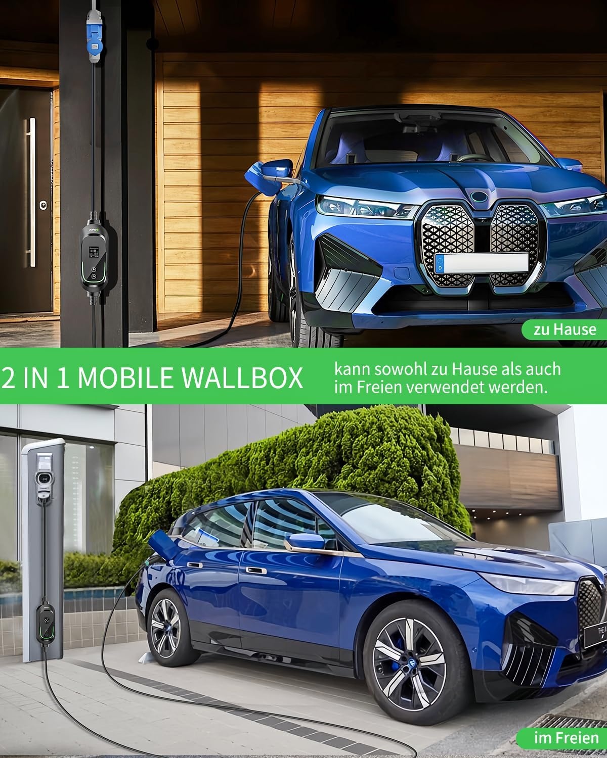 Mobile Wallbox 7,36kW [1-fase, 6,2m, 6-32A], EV-lader met instelbaar laadvermogen, timerfunctie, type 2 laadkabel CEE-stekker voor Model Y/3, ID.3, i4, EQB, e-tron enz., zwart