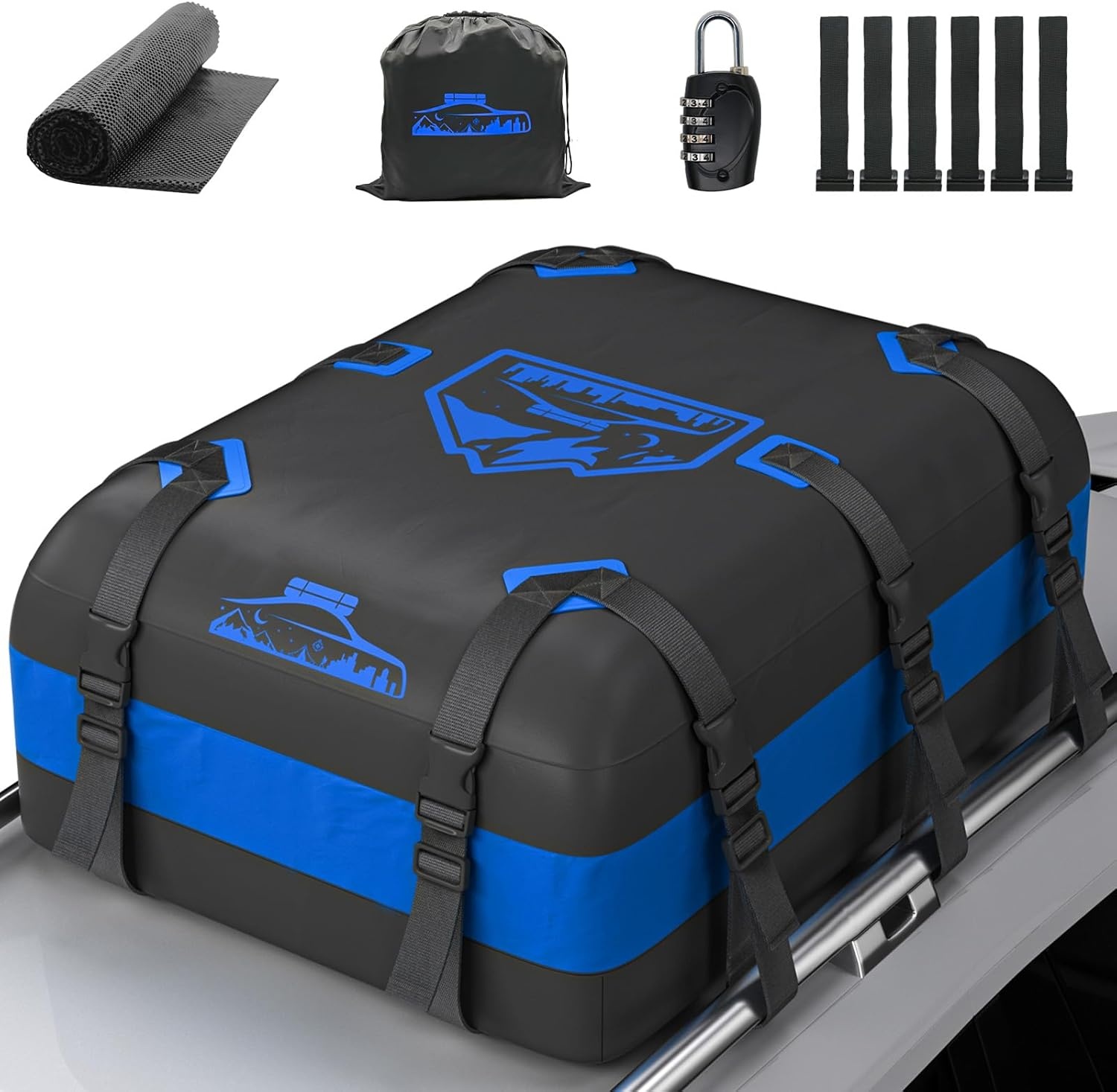 Dakkoffer 20 Kubieke Voet/566 Liter, 1000D Blauw, Met Antislipkussentjes en 10 Riemen, Zacht Opvouwbaar Voor Auto's Met/Zonder Bagagerek - Maat 20CFT/566L-Blauw