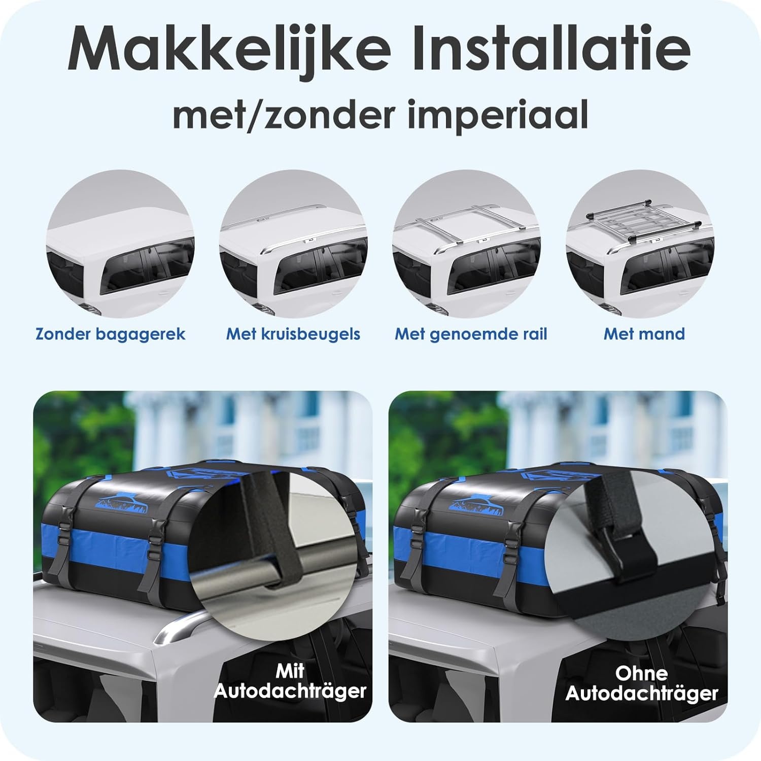 Dakkoffer 20 Kubieke Voet/566 Liter, 1000D Blauw, Met Antislipkussentjes en 10 Riemen, Zacht Opvouwbaar Voor Auto's Met/Zonder Bagagerek - Maat 20CFT/566L-Blauw