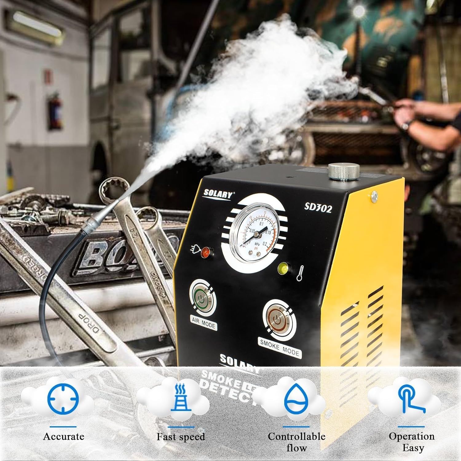 SOLARY SD302 Auto Rookmachine met Drukindicator voor Lekdetectie - DC12V, Geel
