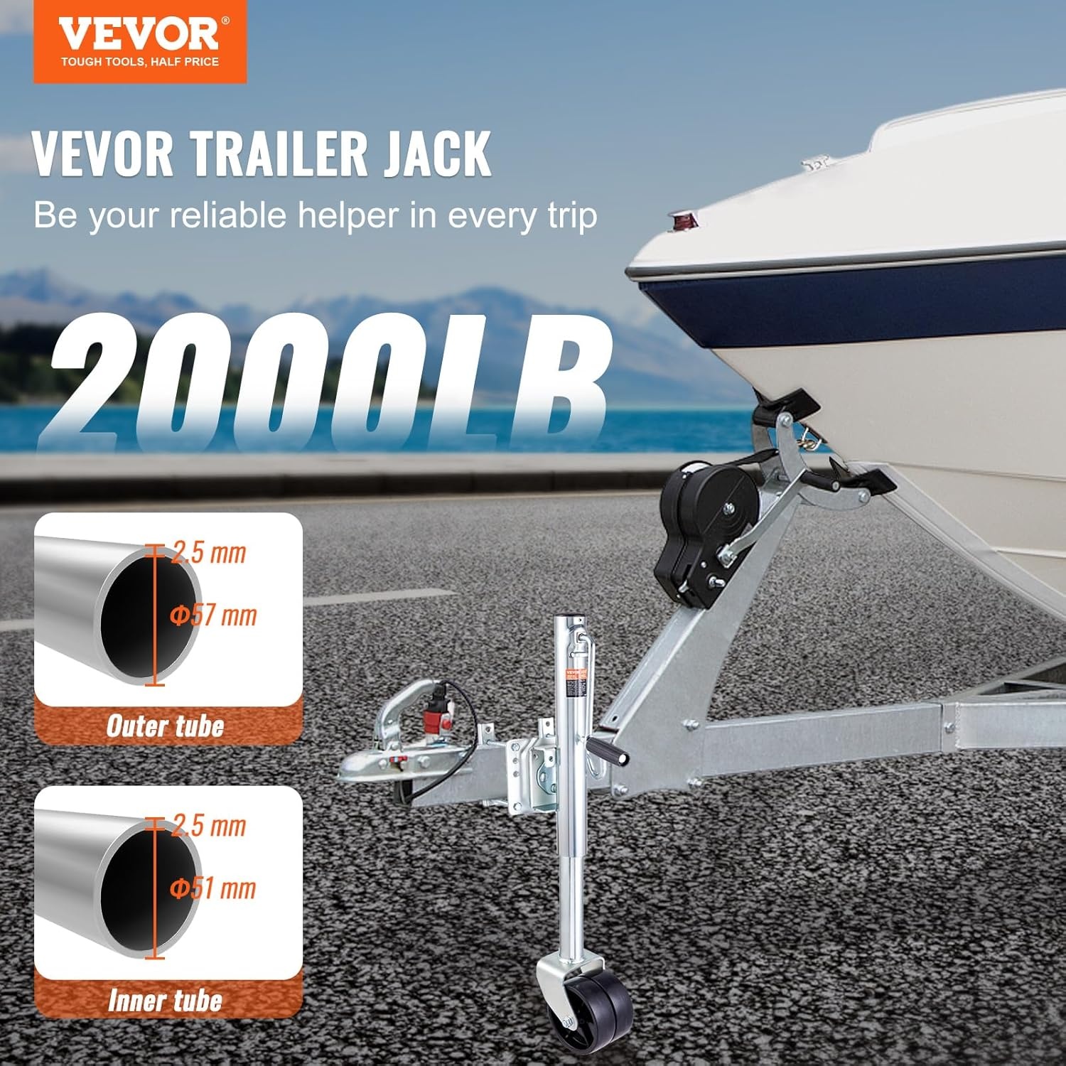 Aanhangerkrik 907 kg Schroefbaar | Met PP-wiel & Ergonomische Handgreep | Voor Camper, Boot & Bedrijfsvoertuig