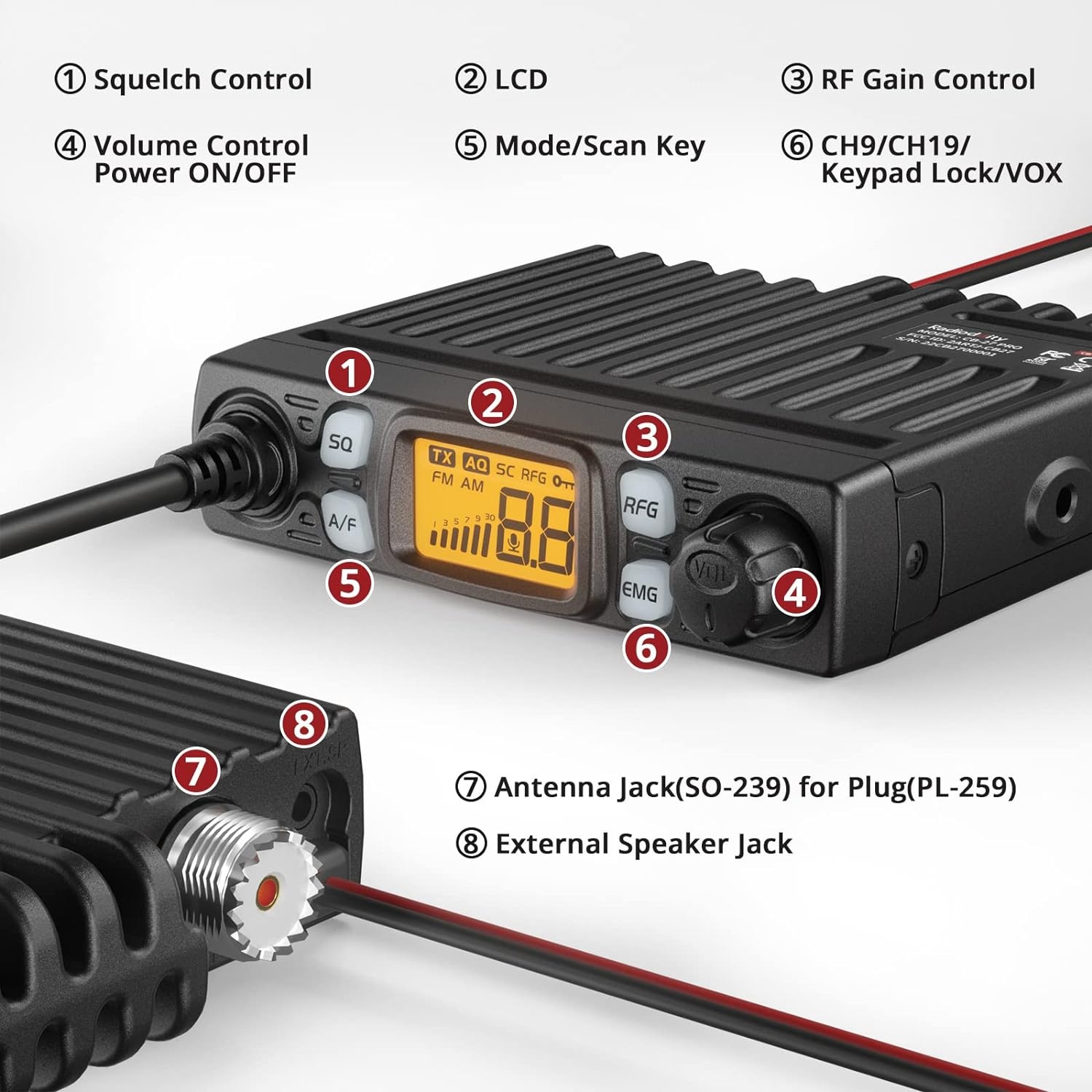 Radioddity CB-27 Pro 40-kanaals mini-CB-radio met AM/FM-noodkanaal 9/19, 4 W zendvermogen, VOX, RF Boost en externe handmicrofoon