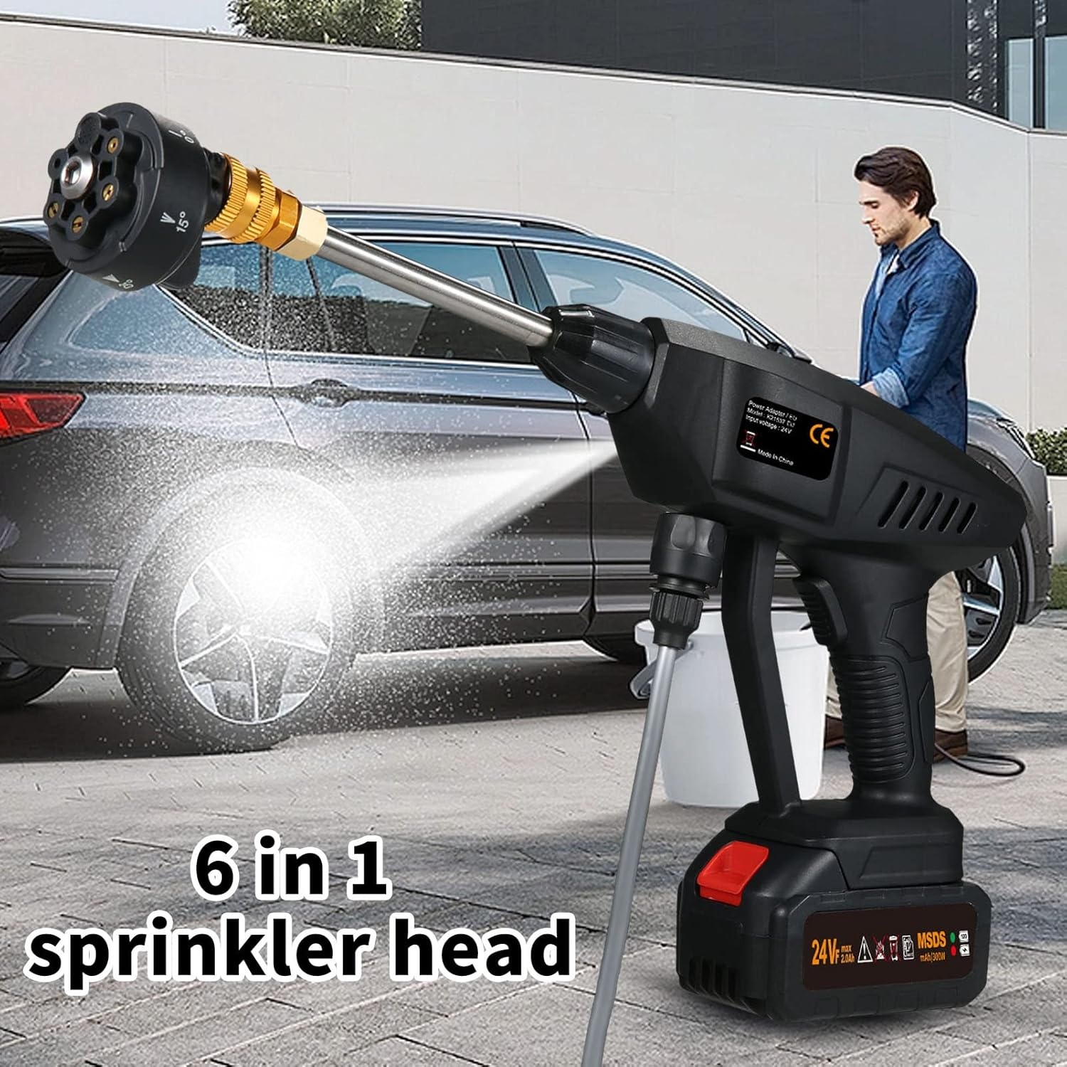 Hogedrukreiniger op batterij, draadloos, 6-in-1, spray, 60 bar, 300 W, krachtige wasmachine met oplaadbare batterij