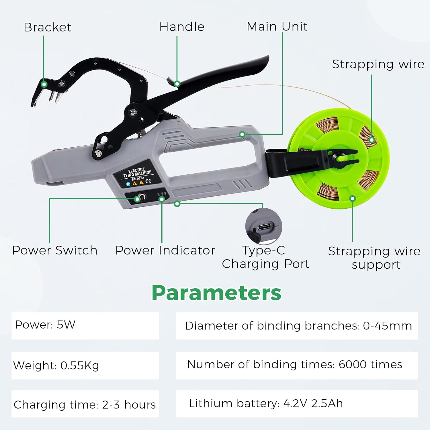 YUCHENGTECH Elektrische Plantenbindmachine 0-45 mm Bindmachine voor Wijngaarden op Batterijen Elektrische Tomatenbindmachine Plantenbinder op Batterijen voor Wijnstok Tomaten Groenten