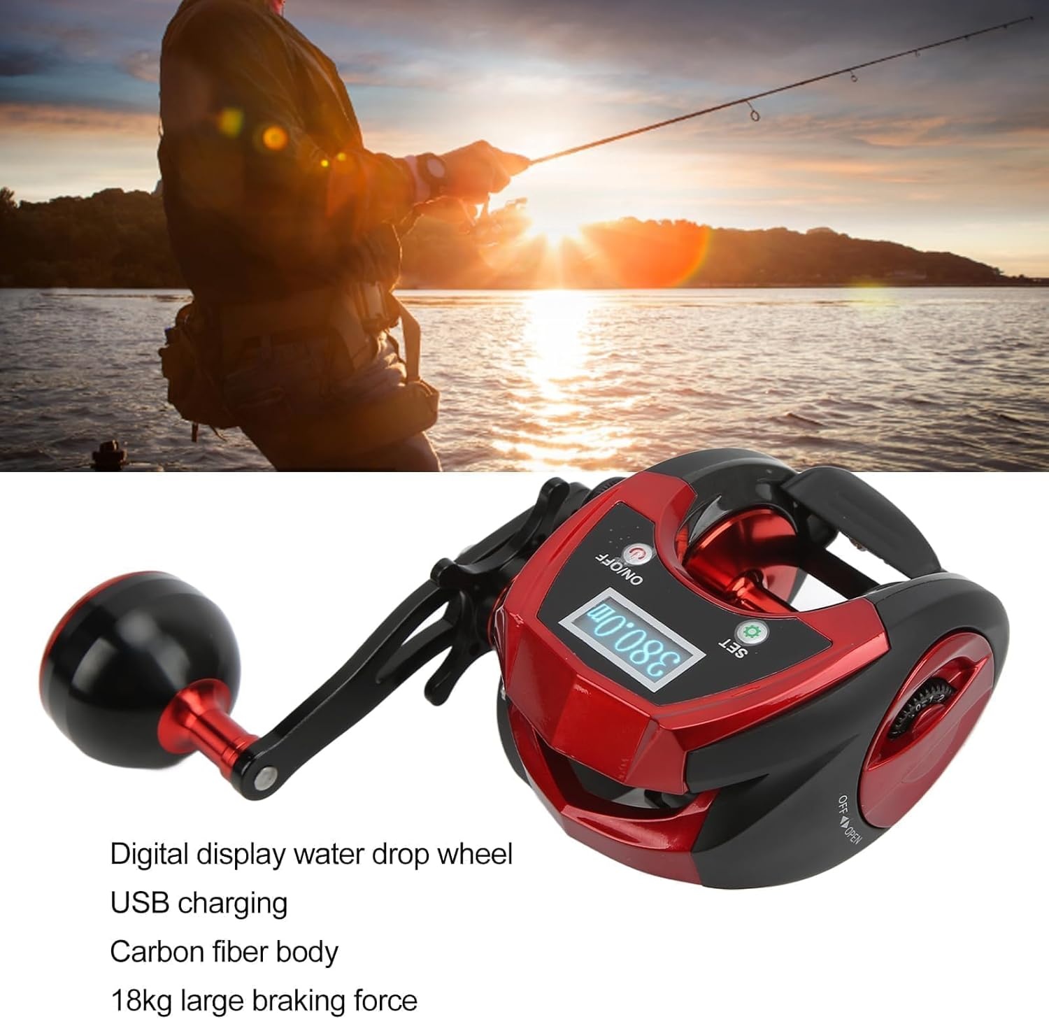 Baitcasting-rol met digitaal display, baitcasting-rol met digitaal LCD-display 18 1BB 6,4: 1 x elektrische vismolen max. 18 kg