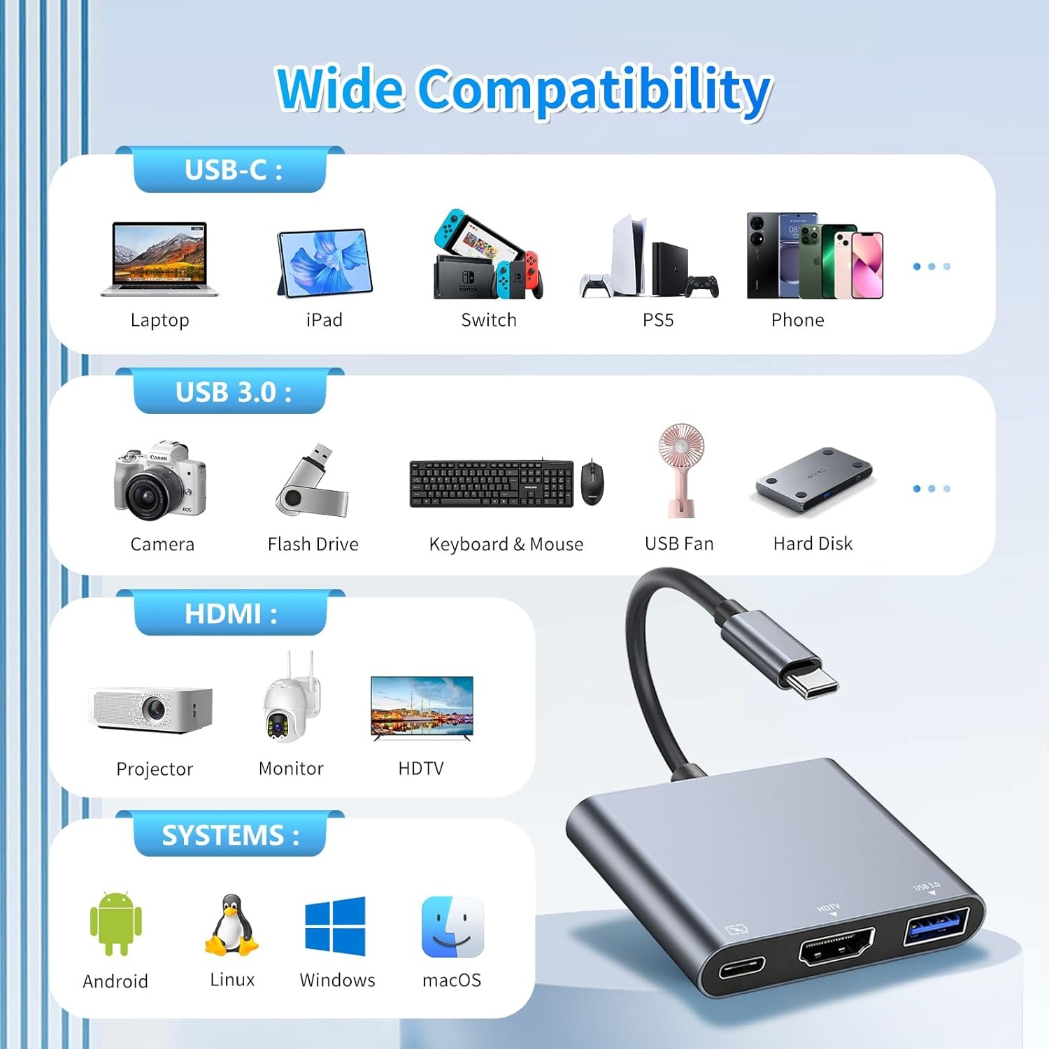 USB C naar HDMI multiport adapter, USB Type-C naar HDMI 4K / USB 3.0 &USB-C PD sneloplaadpoort, digitale AV-adapter voor MacBook/MacBook Pro/air/Galaxy S8/S9 (compatibel Thunderbolt 3)