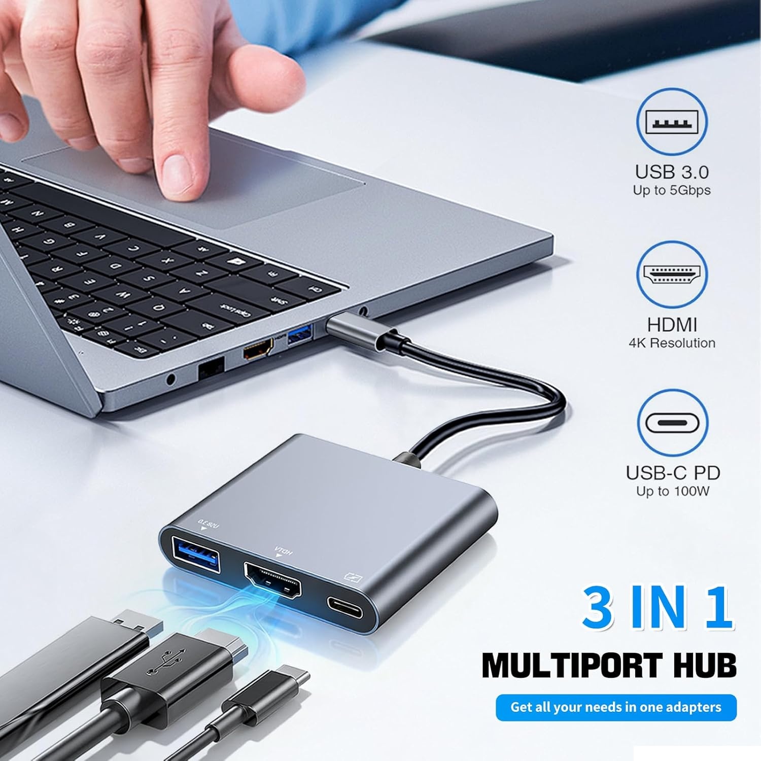 USB C naar HDMI multiport adapter, USB Type-C naar HDMI 4K / USB 3.0 &USB-C PD sneloplaadpoort, digitale AV-adapter voor MacBook/MacBook Pro/air/Galaxy S8/S9 (compatibel Thunderbolt 3)