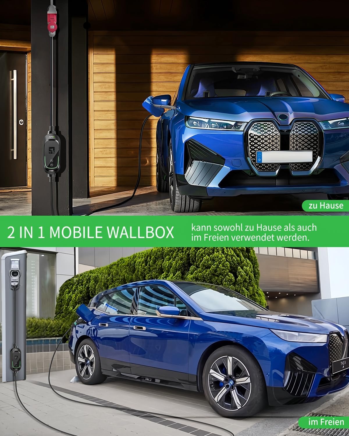 Mobiele Wallbox 11 kW [3-fasig, 8,1 m, 6-16 A], EV oplader met instelbaar laadvermogen en timerfunctie, type 2 oplaadkabel CEE-stekker voor model Y/3, ID.3, i4, EQB, e-tron enz., zwart