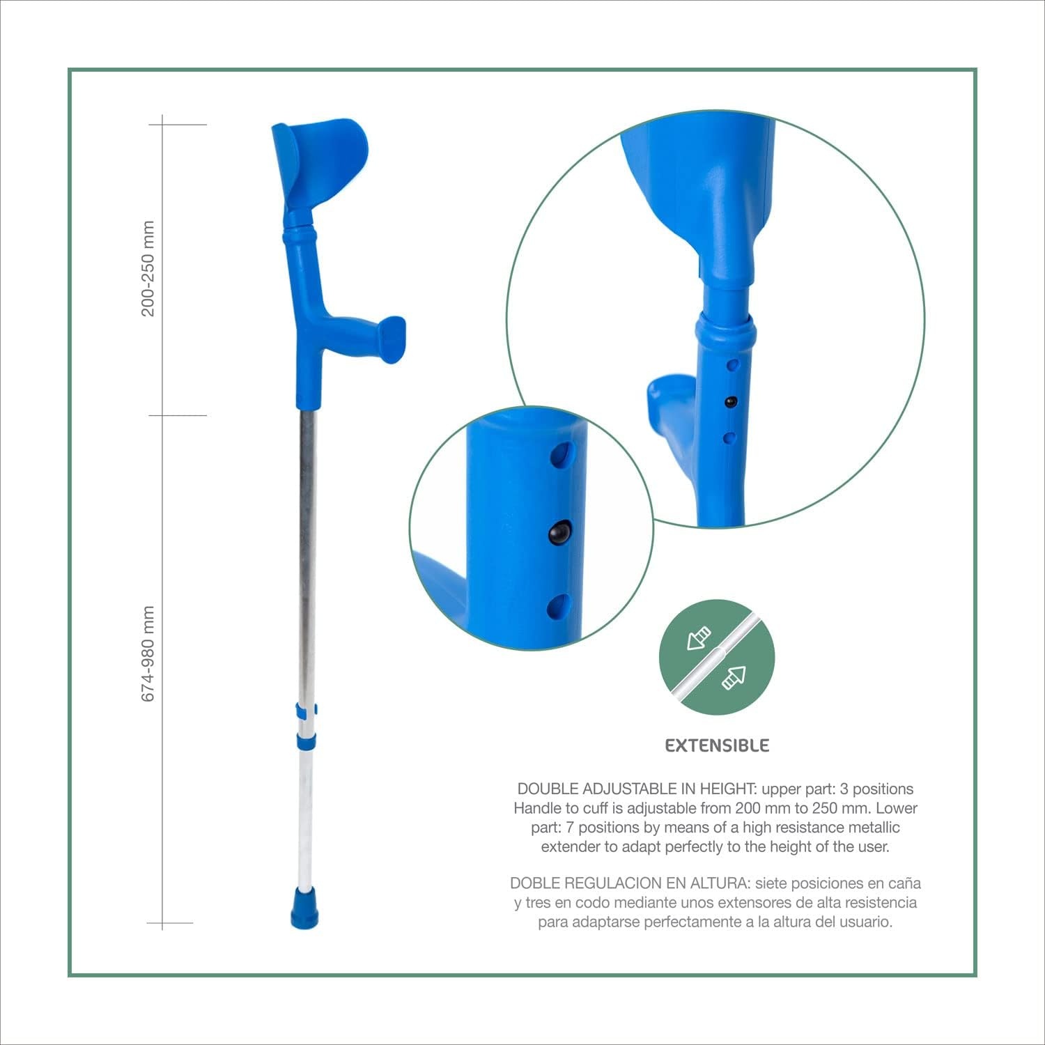 Krukken voor Volwassenen, Verstelbaar Aluminium, Blauw (Paar) | Snel Verstelbaar, Anatomisch Handvat, Antislipdop, Draagvermogen 125 kg