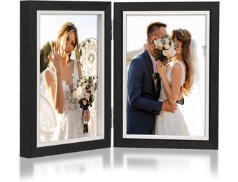 Dubbele fotolijst 6x4, scharnierende opvouwbare houten fotolijst met glas, bureaustandaard voor 2 foto's, perfect voor familie, huwelijksgeschenken, zwart