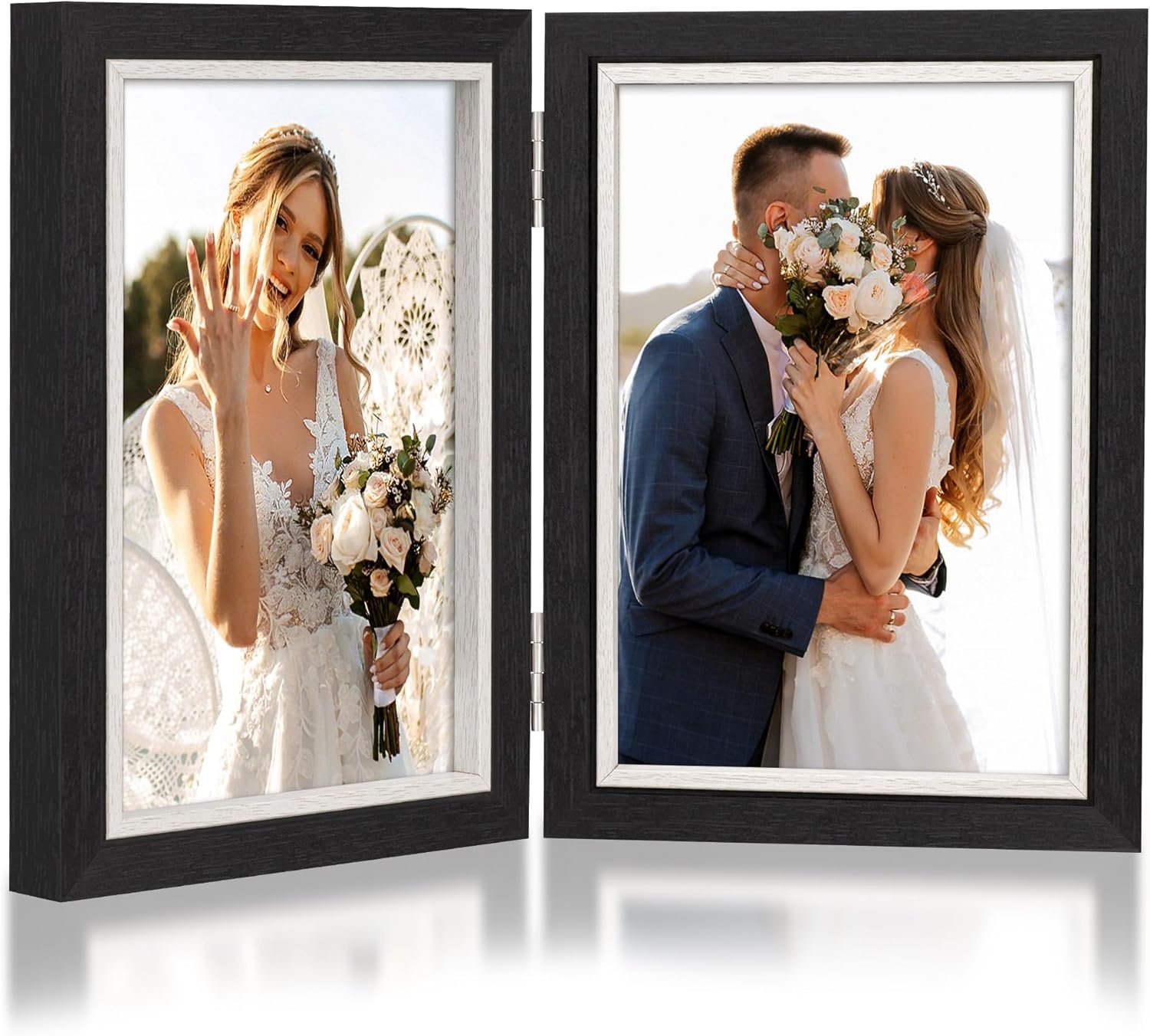 Dubbele fotolijst 6x4, scharnierende opvouwbare houten fotolijst met glas, bureaustandaard voor 2 foto's, perfect voor familie, huwelijksgeschenken, zwart