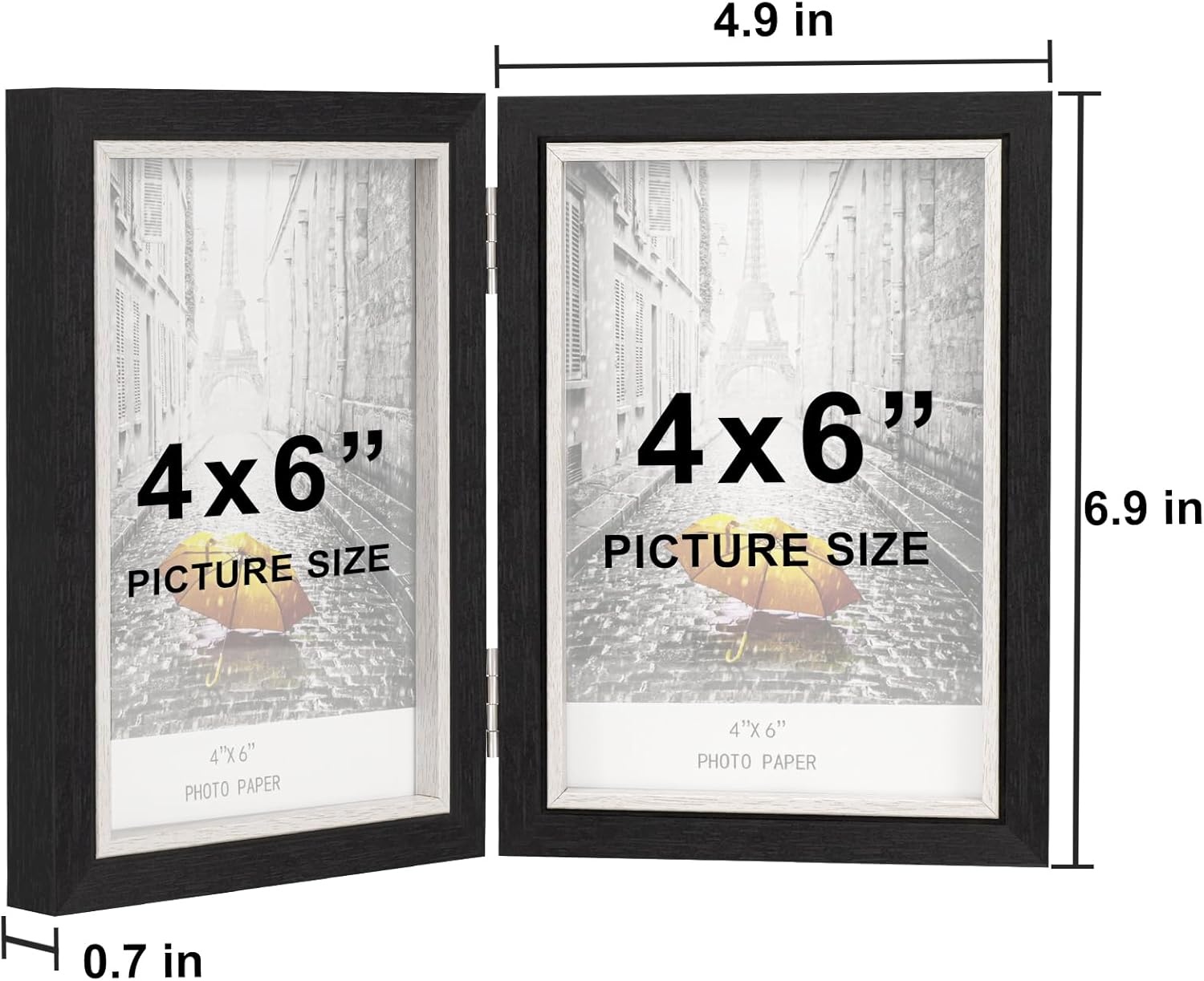 Dubbele fotolijst 6x4, scharnierende opvouwbare houten fotolijst met glas, bureaustandaard voor 2 foto's, perfect voor familie, huwelijksgeschenken, zwart