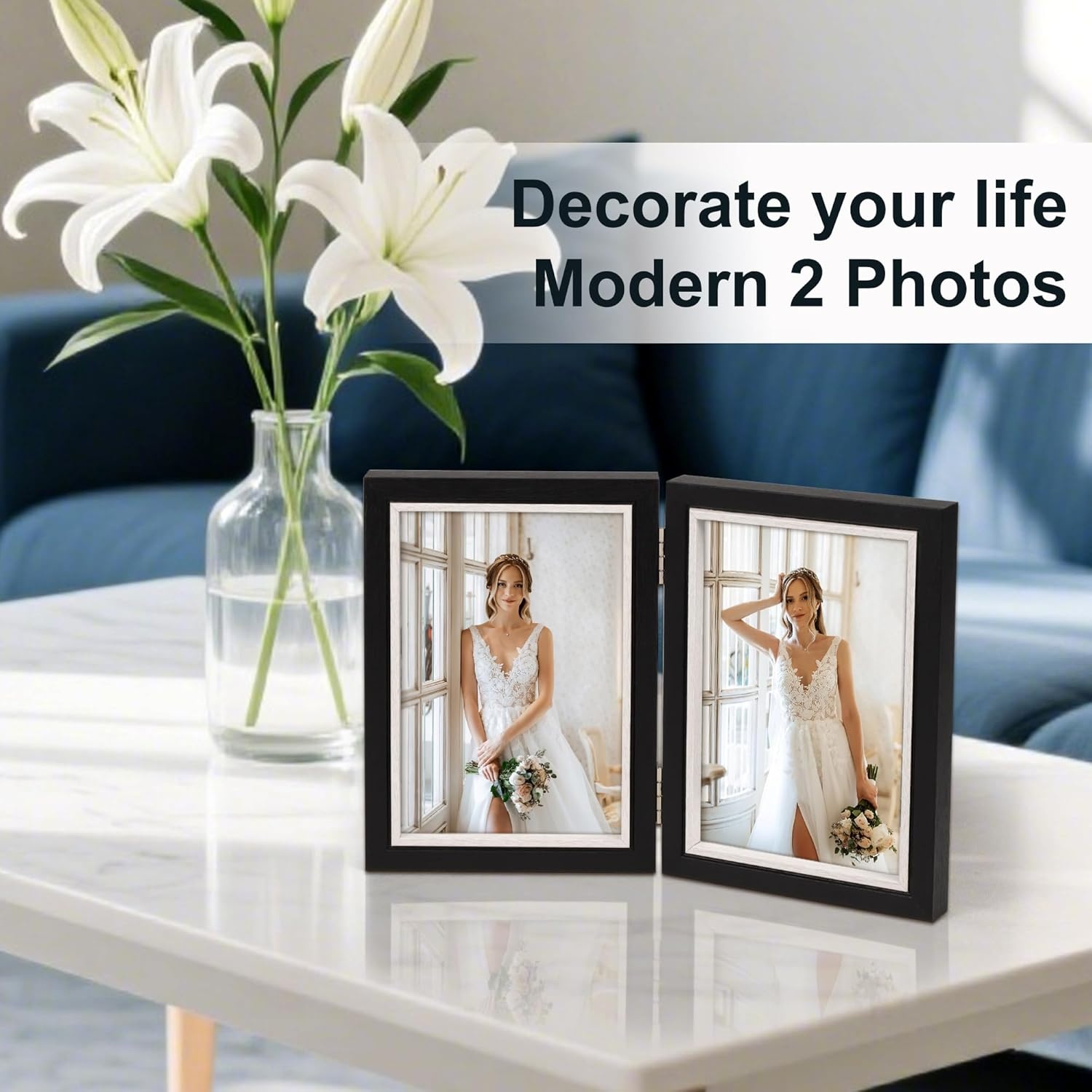 Dubbele fotolijst 6x4, scharnierende opvouwbare houten fotolijst met glas, bureaustandaard voor 2 foto's, perfect voor familie, huwelijksgeschenken, zwart