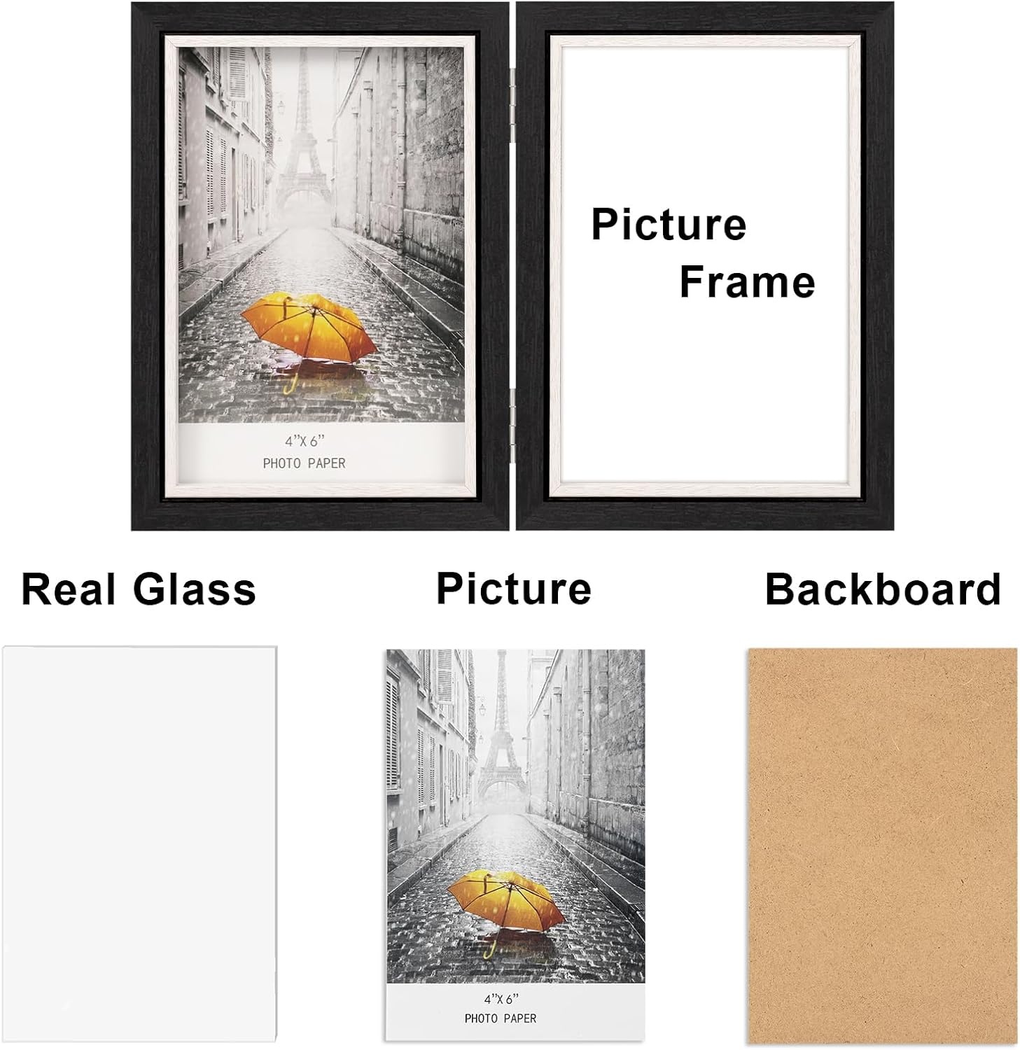 Dubbele fotolijst 6x4, scharnierende opvouwbare houten fotolijst met glas, bureaustandaard voor 2 foto's, perfect voor familie, huwelijksgeschenken, zwart