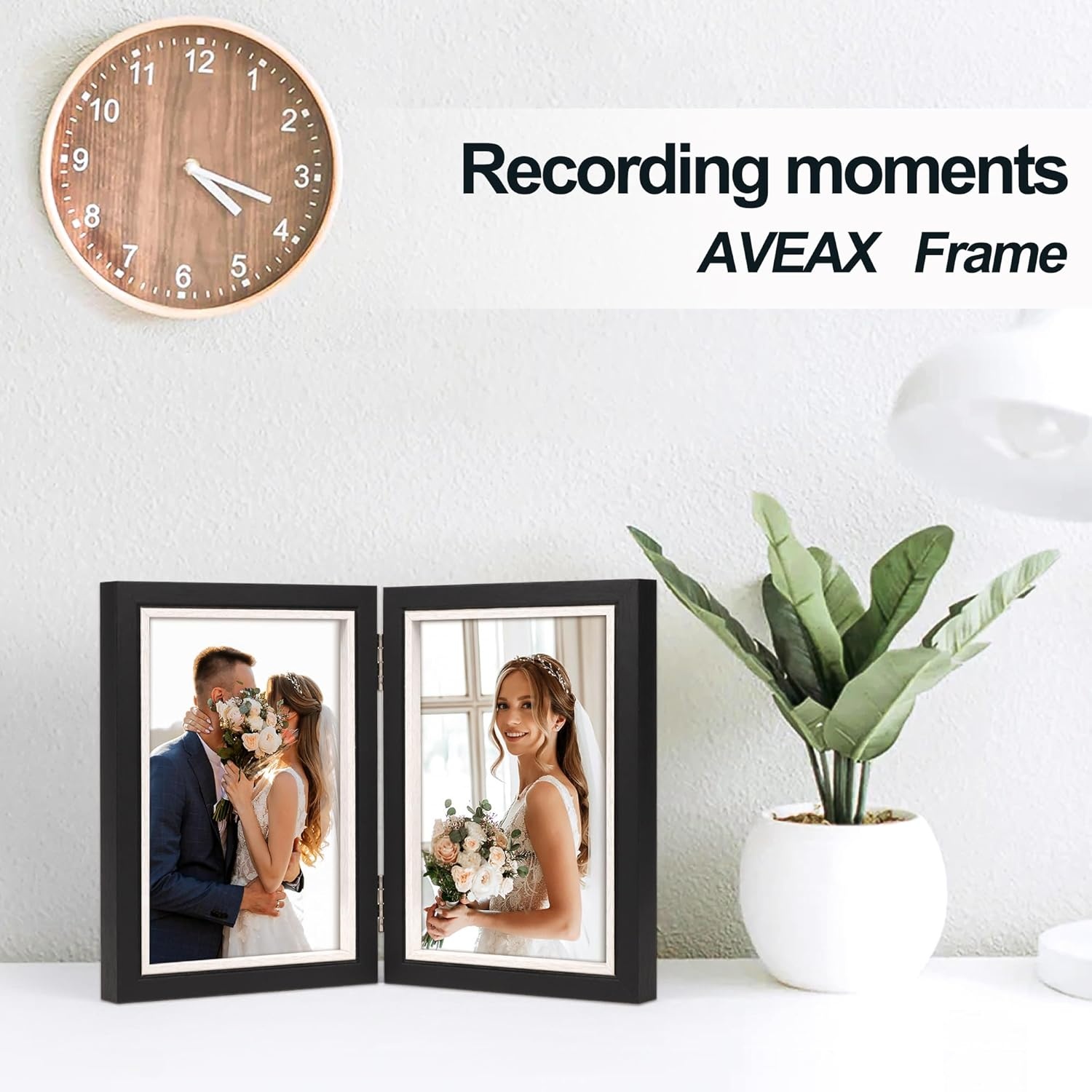 Dubbele fotolijst 6x4, scharnierende opvouwbare houten fotolijst met glas, bureaustandaard voor 2 foto's, perfect voor familie, huwelijksgeschenken, zwart