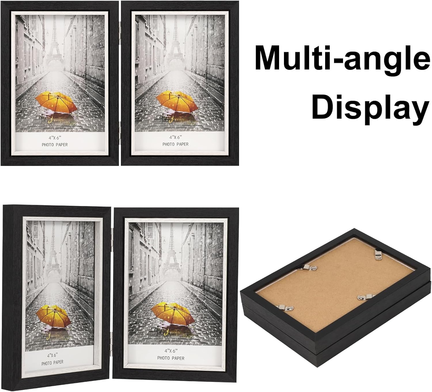 Dubbele fotolijst 6x4, scharnierende opvouwbare houten fotolijst met glas, bureaustandaard voor 2 foto's, perfect voor familie, huwelijksgeschenken, zwart