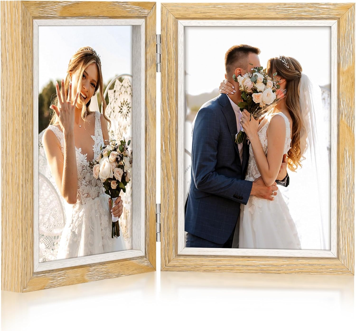 Dubbele fotolijst 6x4, scharnierende opvouwbare houten fotolijst met glas, bureaustandaard voor 2 foto's, perfect voor familie, huwelijksgeschenken, zwart