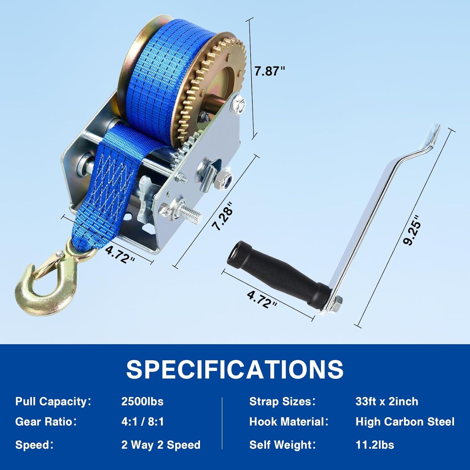 FreeTec Handmatige lier met blauw Polyester Trekkoord naar Bergung Lier Boot Lier (10m 2500lbs)