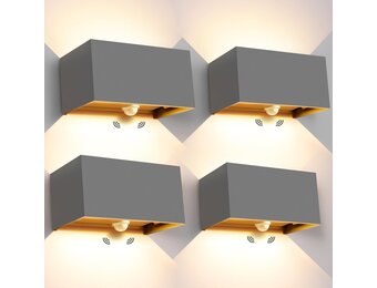 Kingwei 4-delige LED Wandlamp met Bewegingssensor - 20W - Warm Wit 3000K - Grijs - IP65 Waterdicht