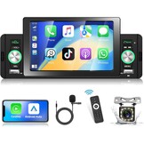 Podofo 1 DIN Autoradio Compatibel met Apple Carplay en Android Auto,5 Inch Radio Touchscreen voor Auto's met Bluetooth,FM Radio,Mirror Link,AHD Achteruitrijcamera&microfoon