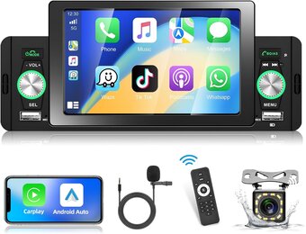 Podofo 1 DIN Autoradio Compatibel met Apple Carplay en Android Auto,5 Inch Radio Touchscreen voor Auto's met Bluetooth,FM Radio,Mirror Link,AHD Achteruitrijcameraµfoon