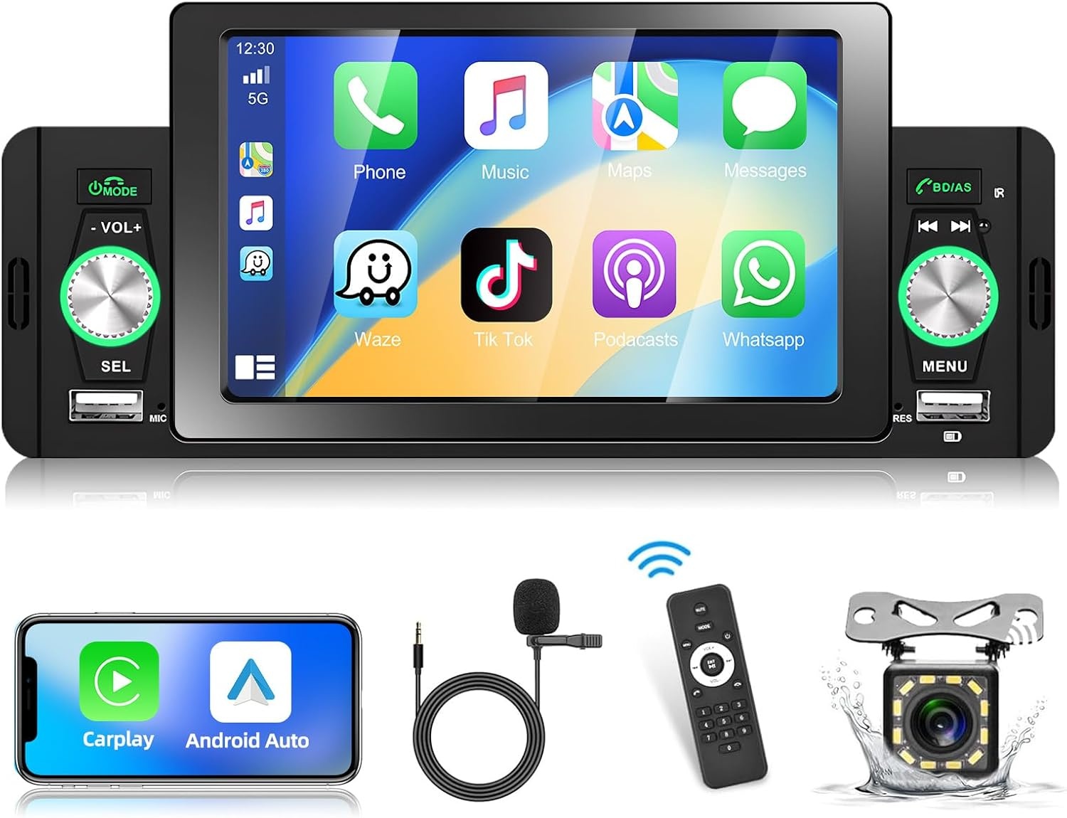 Podofo 1 DIN Autoradio Compatibel met Apple Carplay en Android Auto,5 Inch Radio Touchscreen voor Auto's met Bluetooth,FM Radio,Mirror Link,AHD Achteruitrijcamera&microfoon