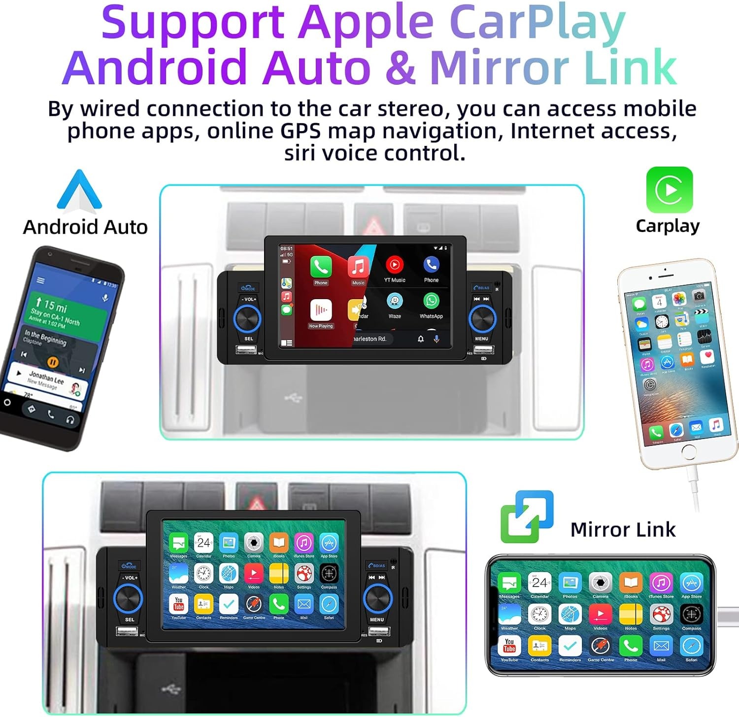 Podofo 1 DIN Autoradio Compatibel met Apple Carplay en Android Auto,5 Inch Radio Touchscreen voor Auto's met Bluetooth,FM Radio,Mirror Link,AHD Achteruitrijcamera&microfoon
