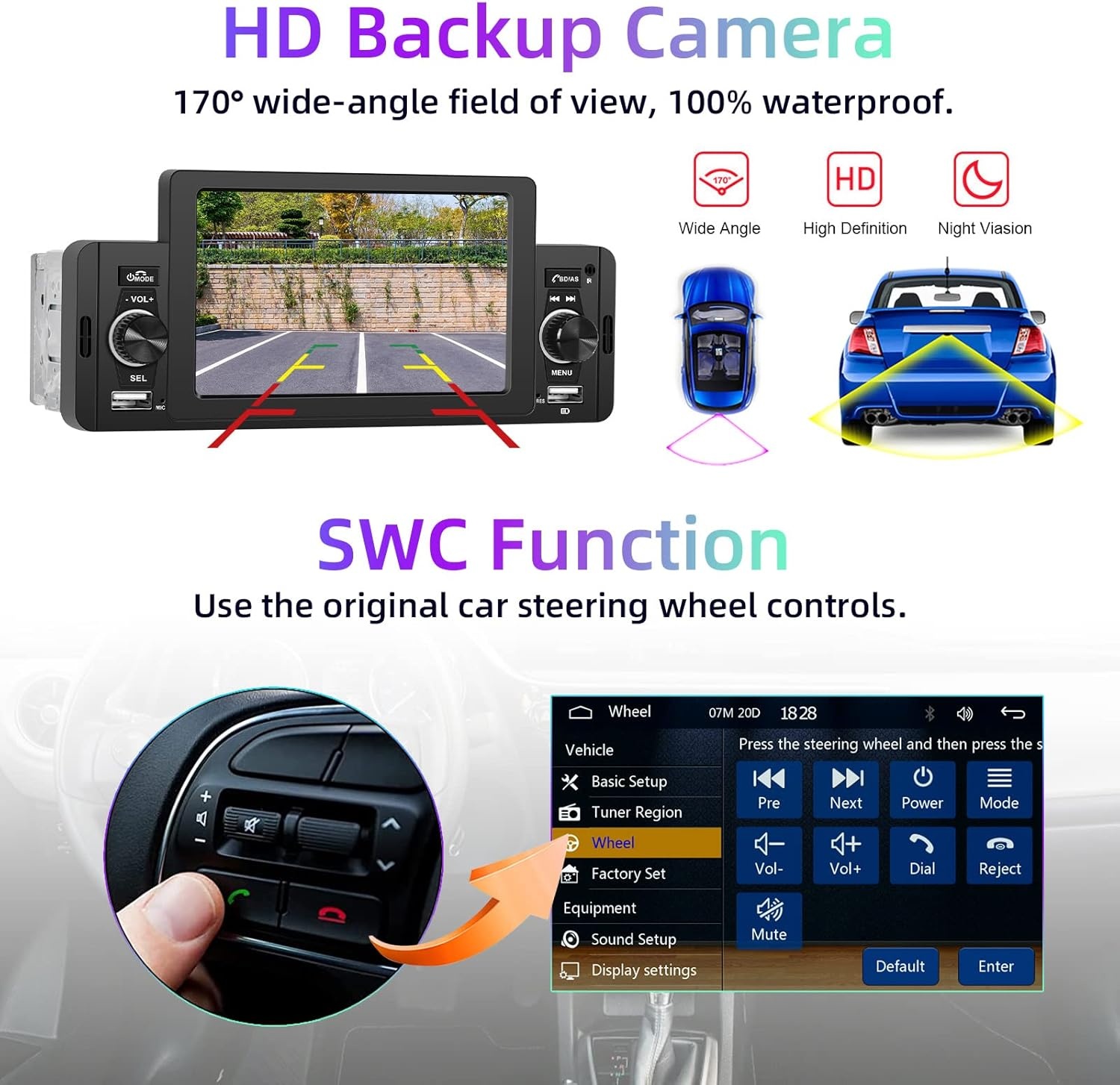 Podofo 1 DIN Autoradio Compatibel met Apple Carplay en Android Auto,5 Inch Radio Touchscreen voor Auto's met Bluetooth,FM Radio,Mirror Link,AHD Achteruitrijcamera&microfoon