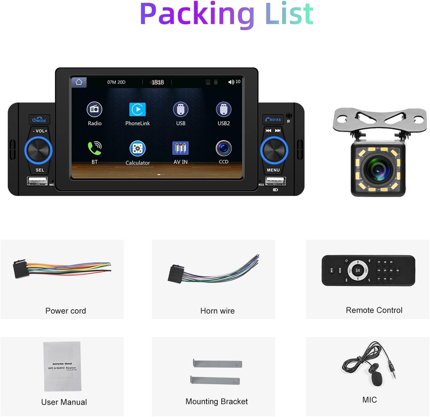 Podofo 1 DIN Autoradio Compatibel met Apple Carplay en Android Auto,5 Inch Radio Touchscreen voor Auto's met Bluetooth,FM Radio,Mirror Link,AHD Achteruitrijcamera&microfoon