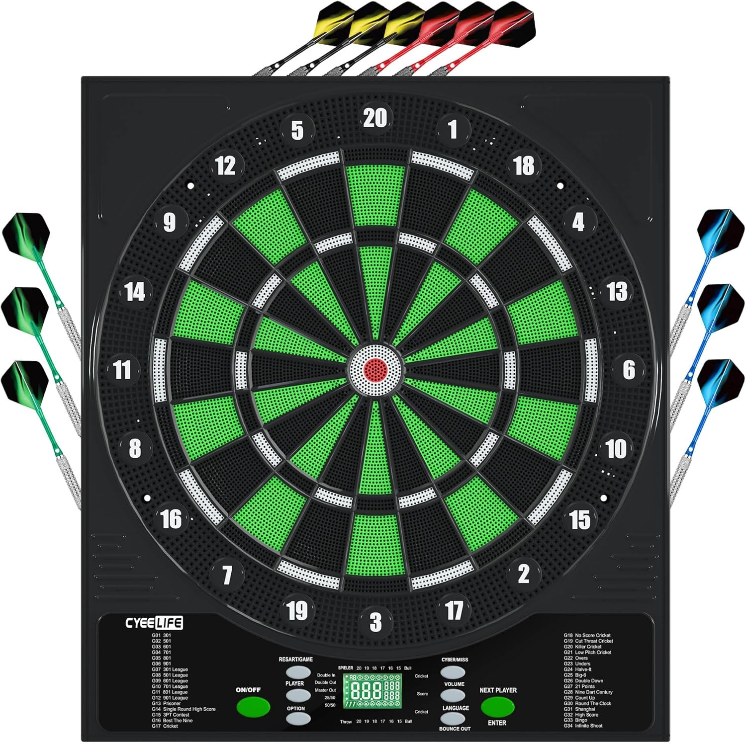 CyeeLife Elektronisch Dartbord Zwart - 34 Spellen & 355 Variaties, 1-8 Spelers, met LED-scherm en Duitse stem