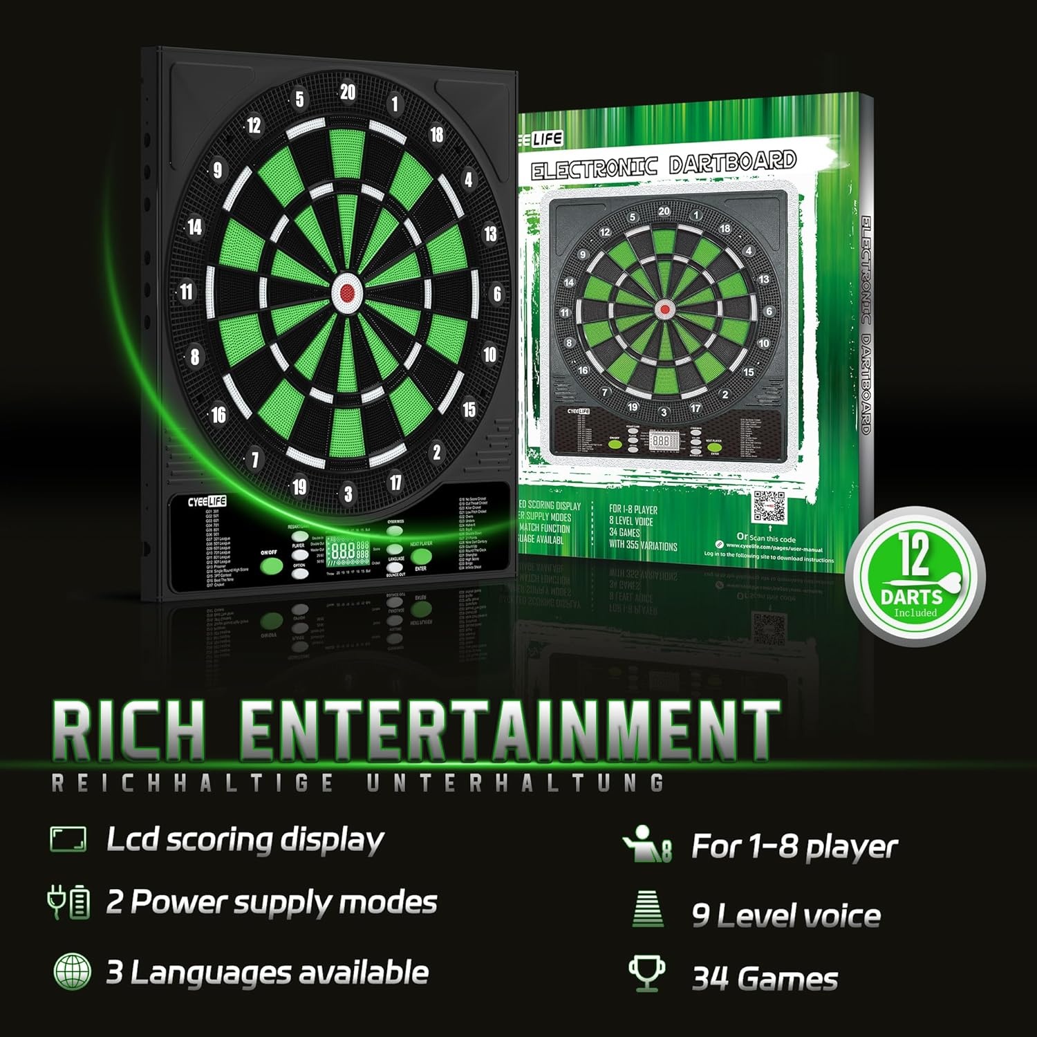 CyeeLife Elektronisch Dartbord Zwart - 34 Spellen & 355 Variaties, 1-8 Spelers, met LED-scherm en Duitse stem