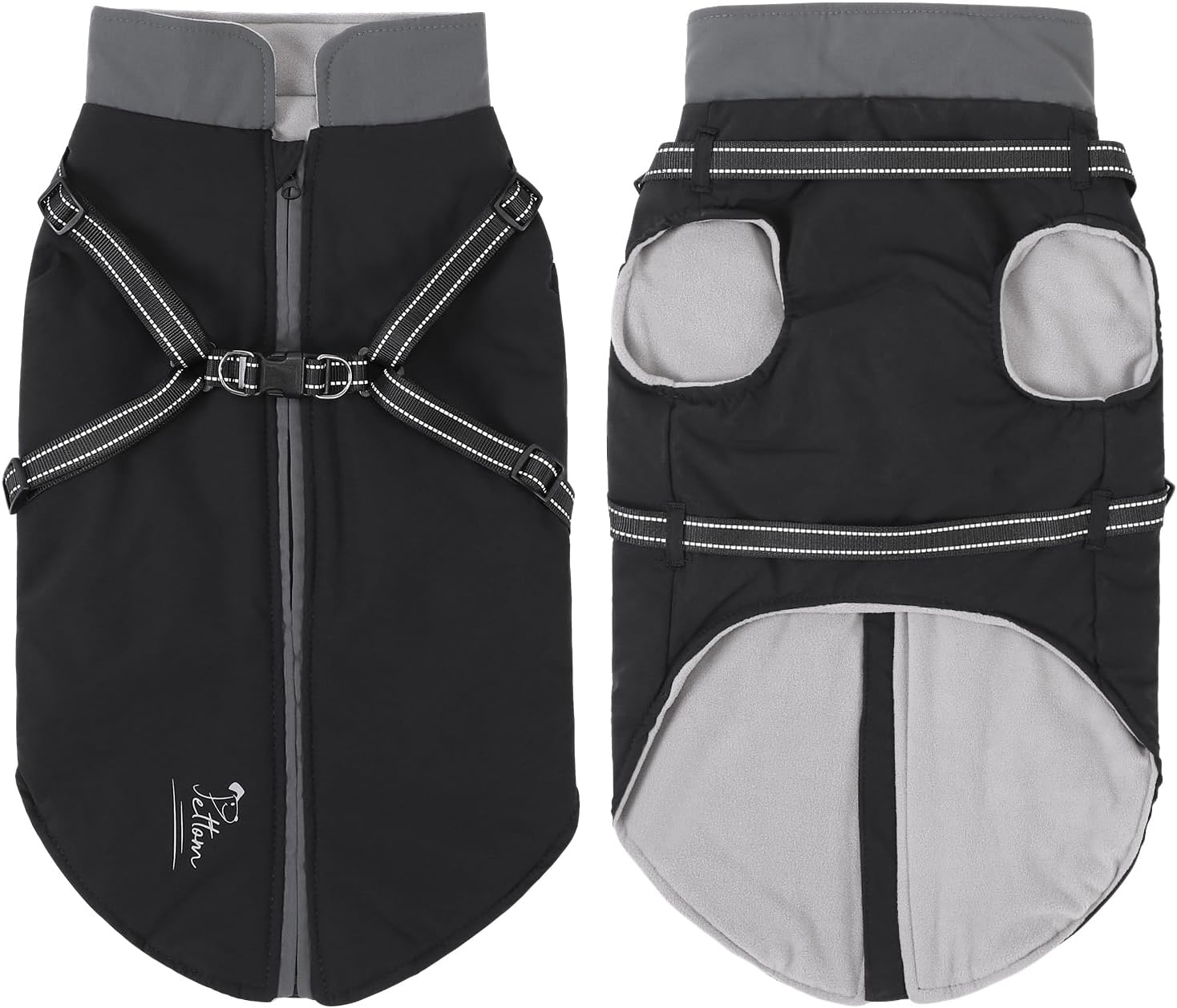 PETTOM Warme hondenjassen en jassen voor honden, waterdicht reflecterend hondenharnas vest winter hondenkleding met borstriem, wandelen buiten verstelbaar (zwart, 4XL)