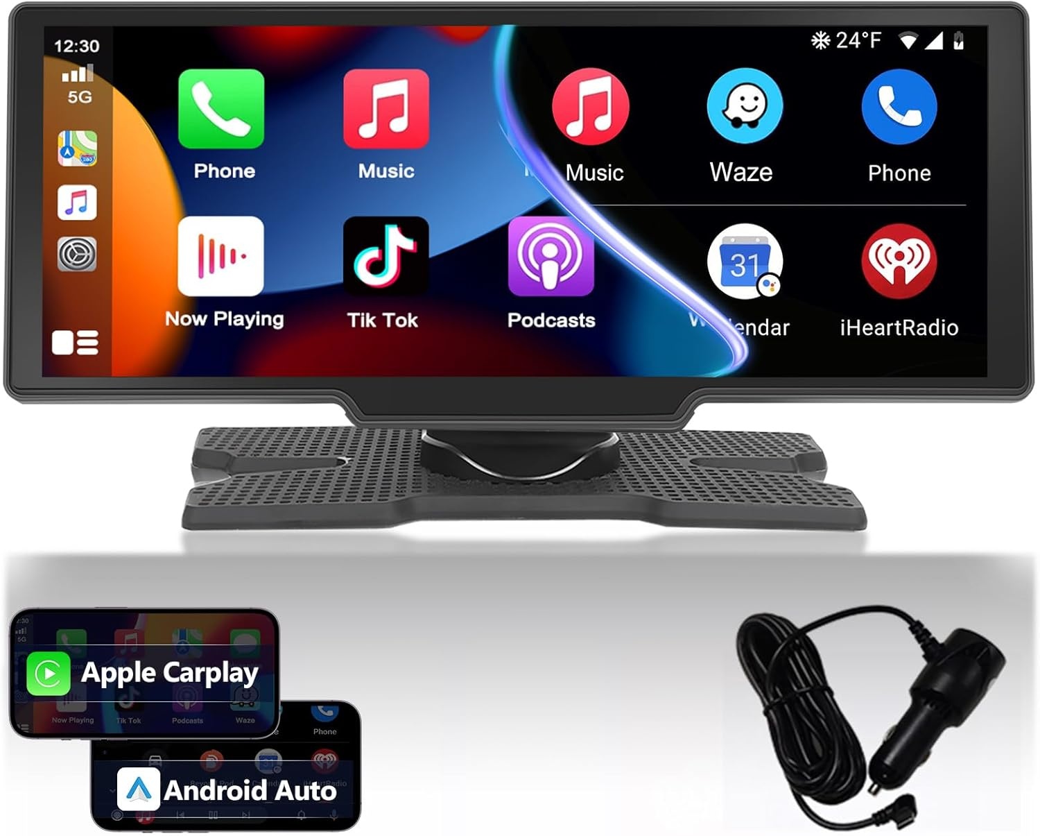 Podofo Draagbare Autoradio 9.3 Inch IPS Touchscreen met Apple CarPlay & Android Auto
