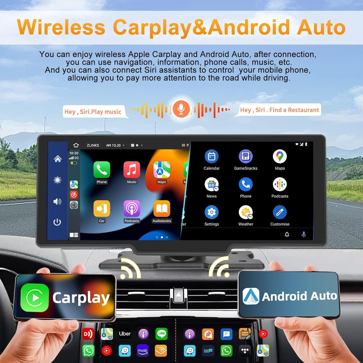 Podofo Draagbare Autoradio 9.3 Inch IPS Touchscreen met Apple CarPlay & Android Auto