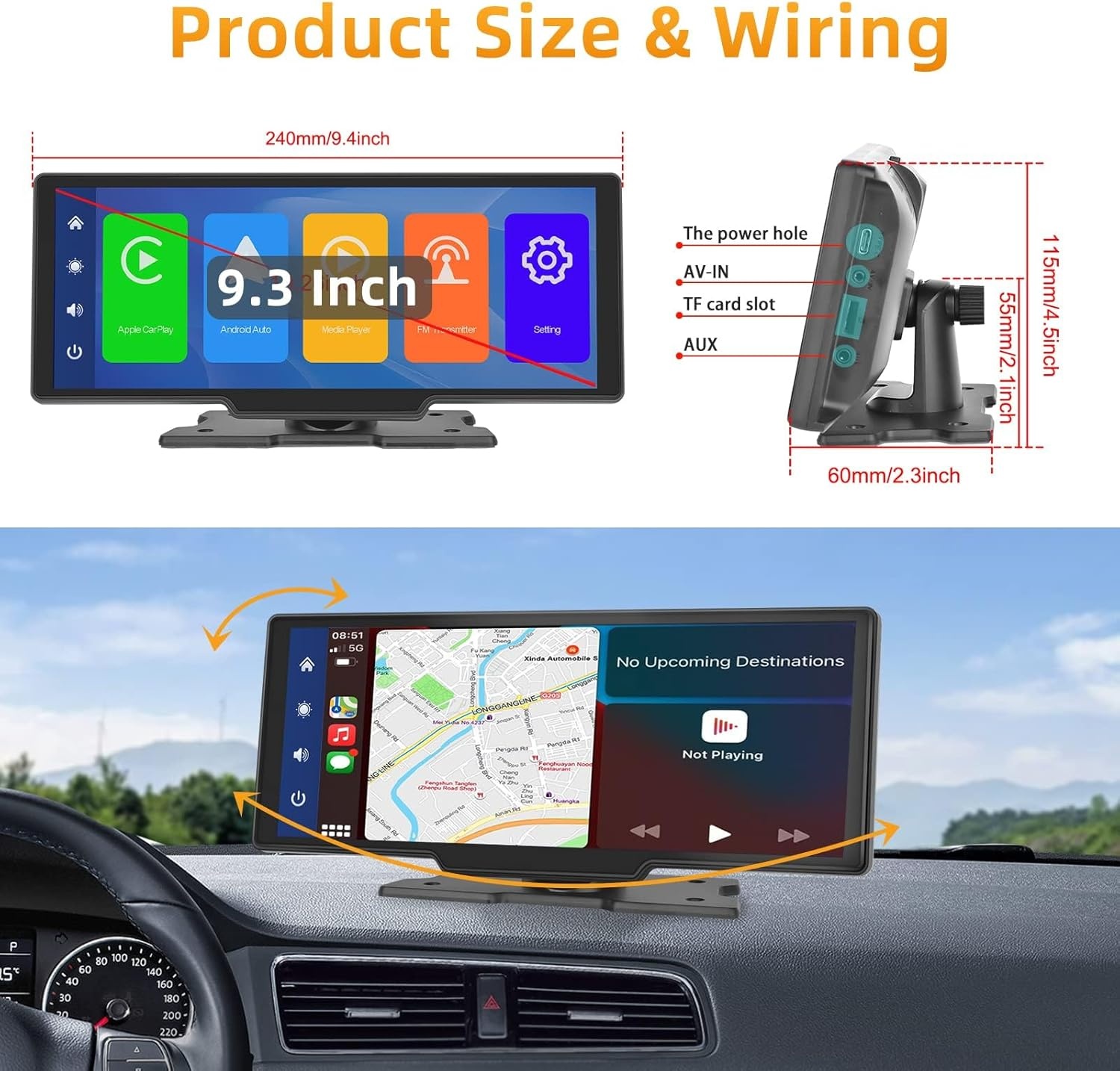 Podofo Draagbare Autoradio 9.3 Inch IPS Touchscreen met Apple CarPlay & Android Auto