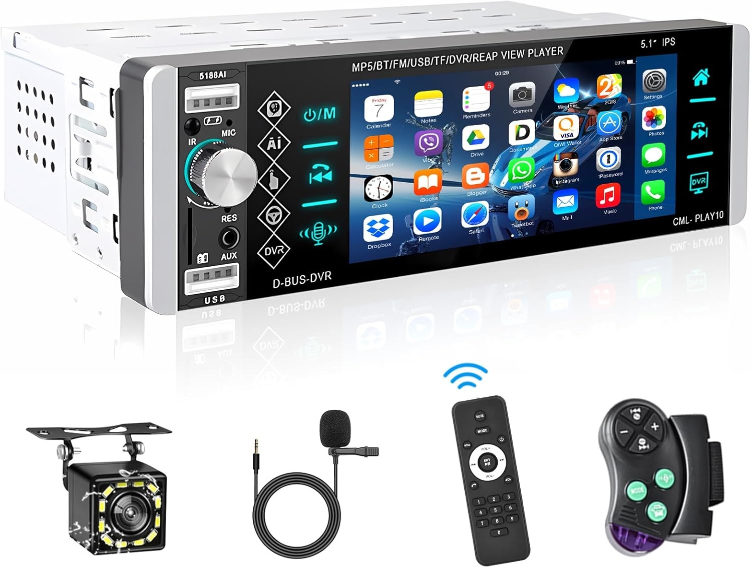 Podofo 1-DIN Autoradio met 5.1 Inch IPS Touchscreen, Bluetooth, Handsfree, RDS, FM en 4 USB Poorten