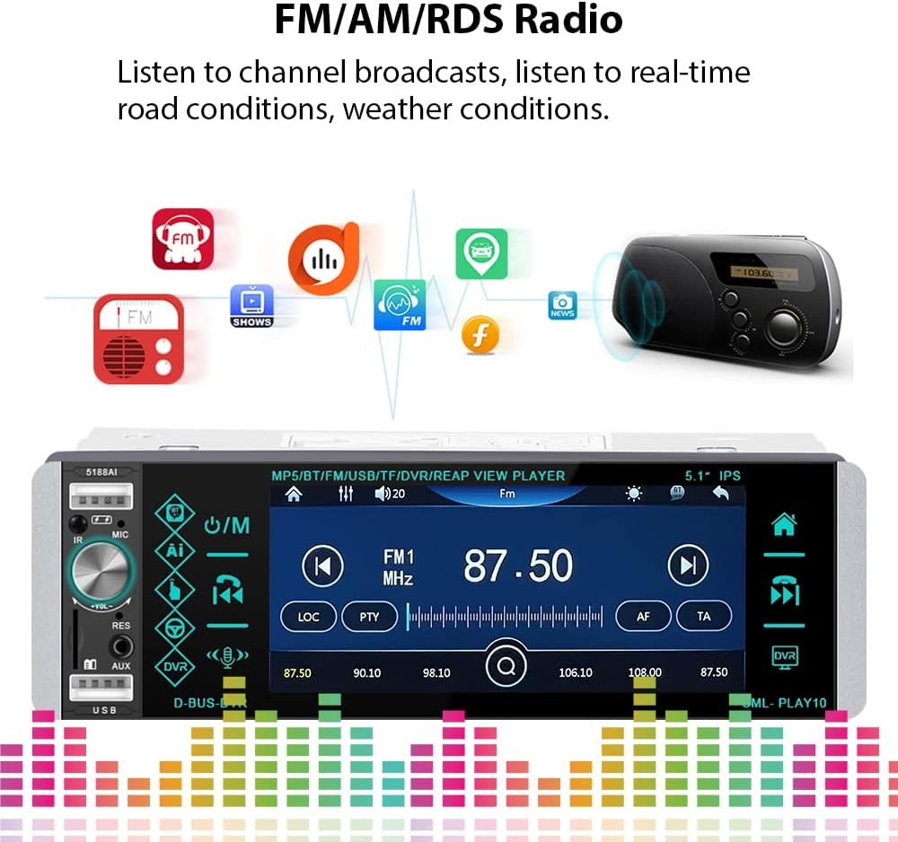 Podofo 1-DIN Autoradio met 5.1 Inch IPS Touchscreen, Bluetooth, Handsfree, RDS, FM en 4 USB Poorten