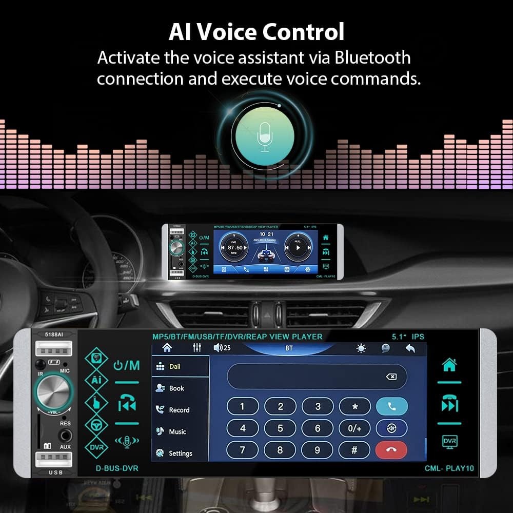 Podofo 1-DIN Autoradio met 5.1 Inch IPS Touchscreen, Bluetooth, Handsfree, RDS, FM en 4 USB Poorten