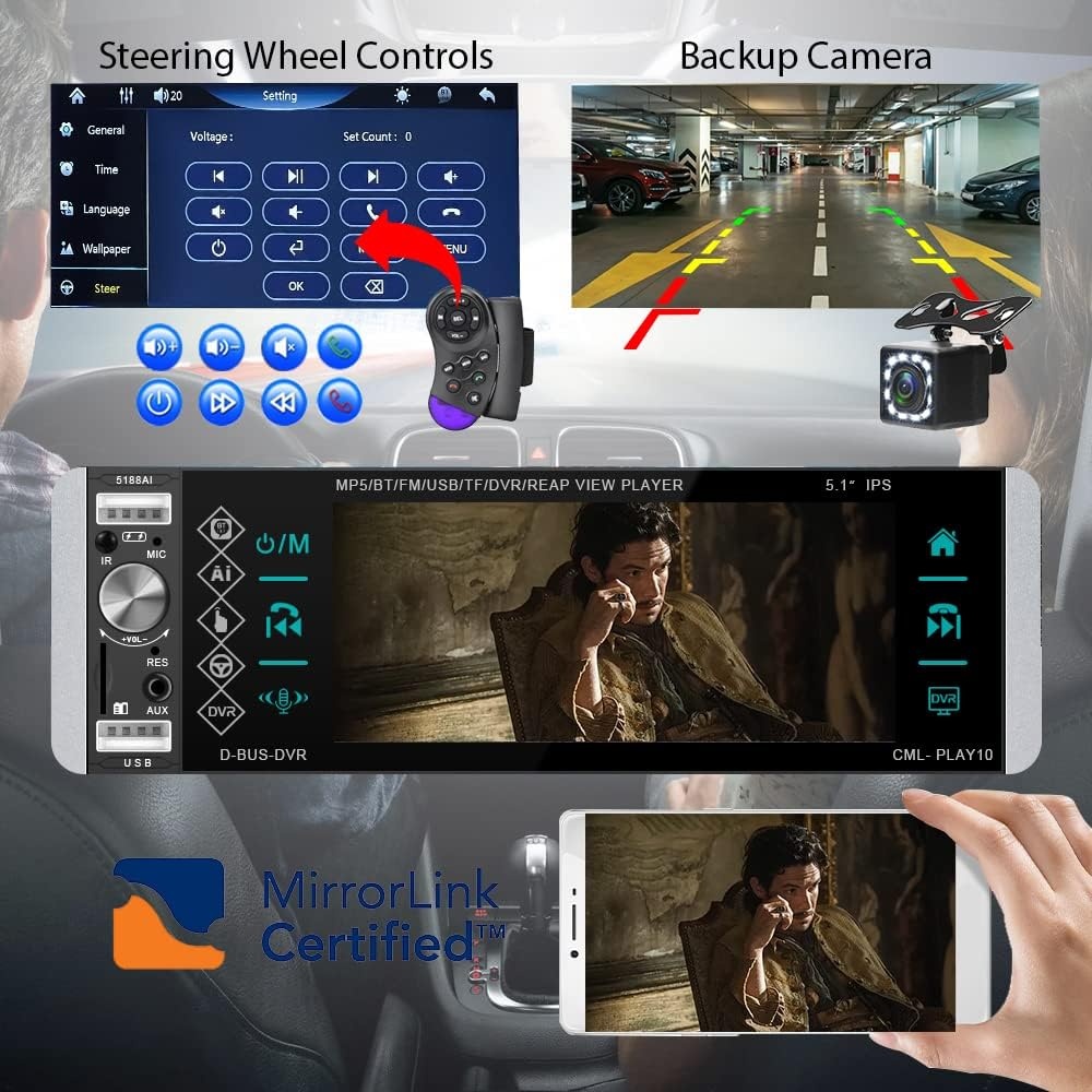 Podofo 1-DIN Autoradio met 5.1 Inch IPS Touchscreen, Bluetooth, Handsfree, RDS, FM en 4 USB Poorten