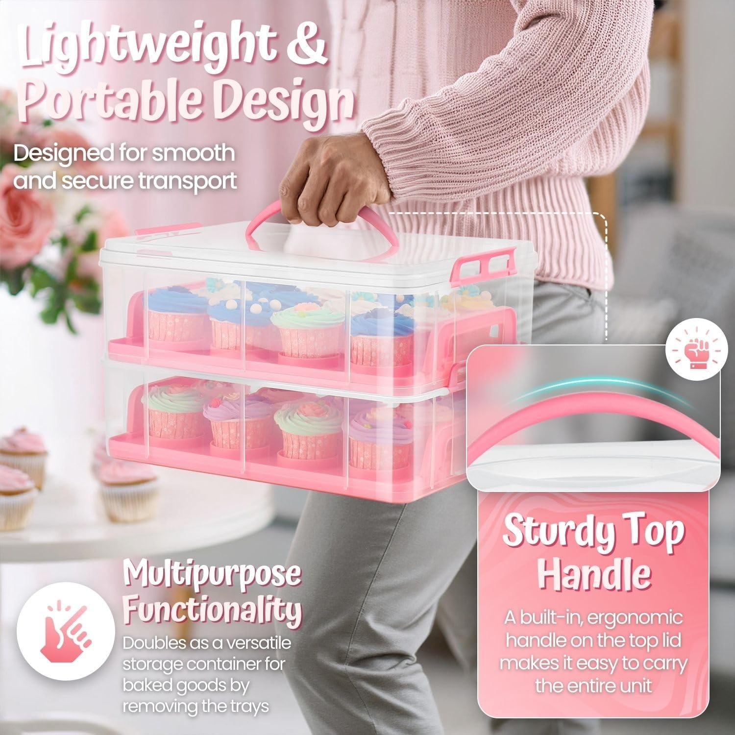 Flexzion Taartdoos Roze voor 24 Cupcakes of 1 grote Taart, 2 Lagen